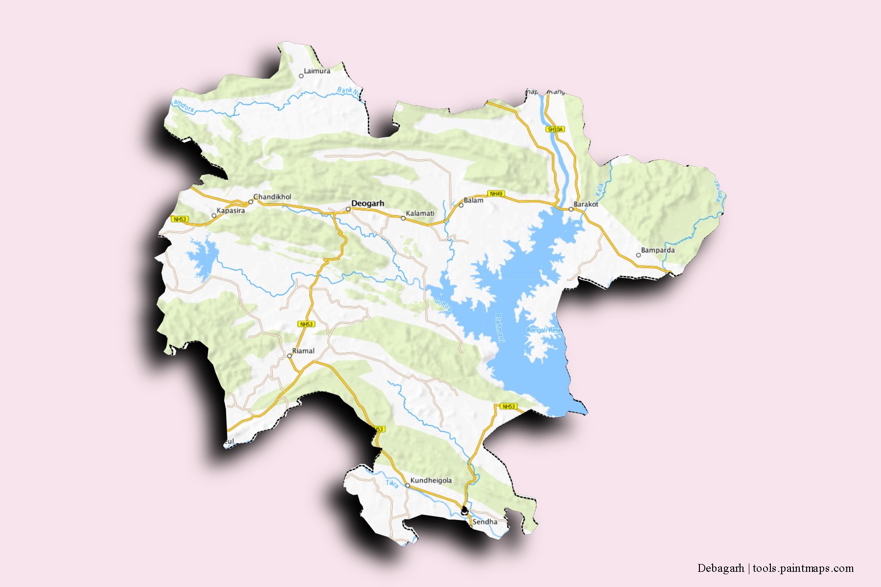 Mapa de barrios y pueblos de Debagarh con efecto de sombra 3D