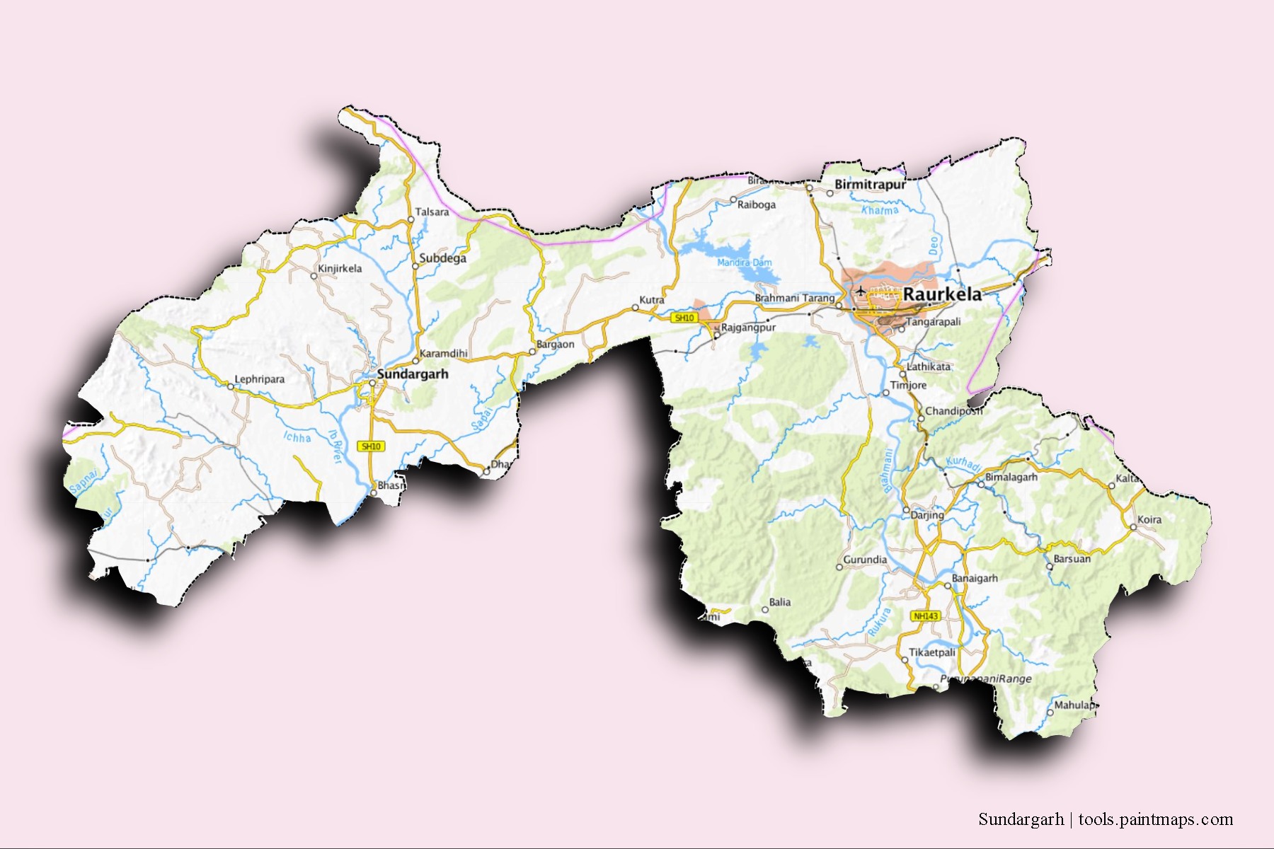 Mapa de barrios y pueblos de Sundargarh con efecto de sombra 3D