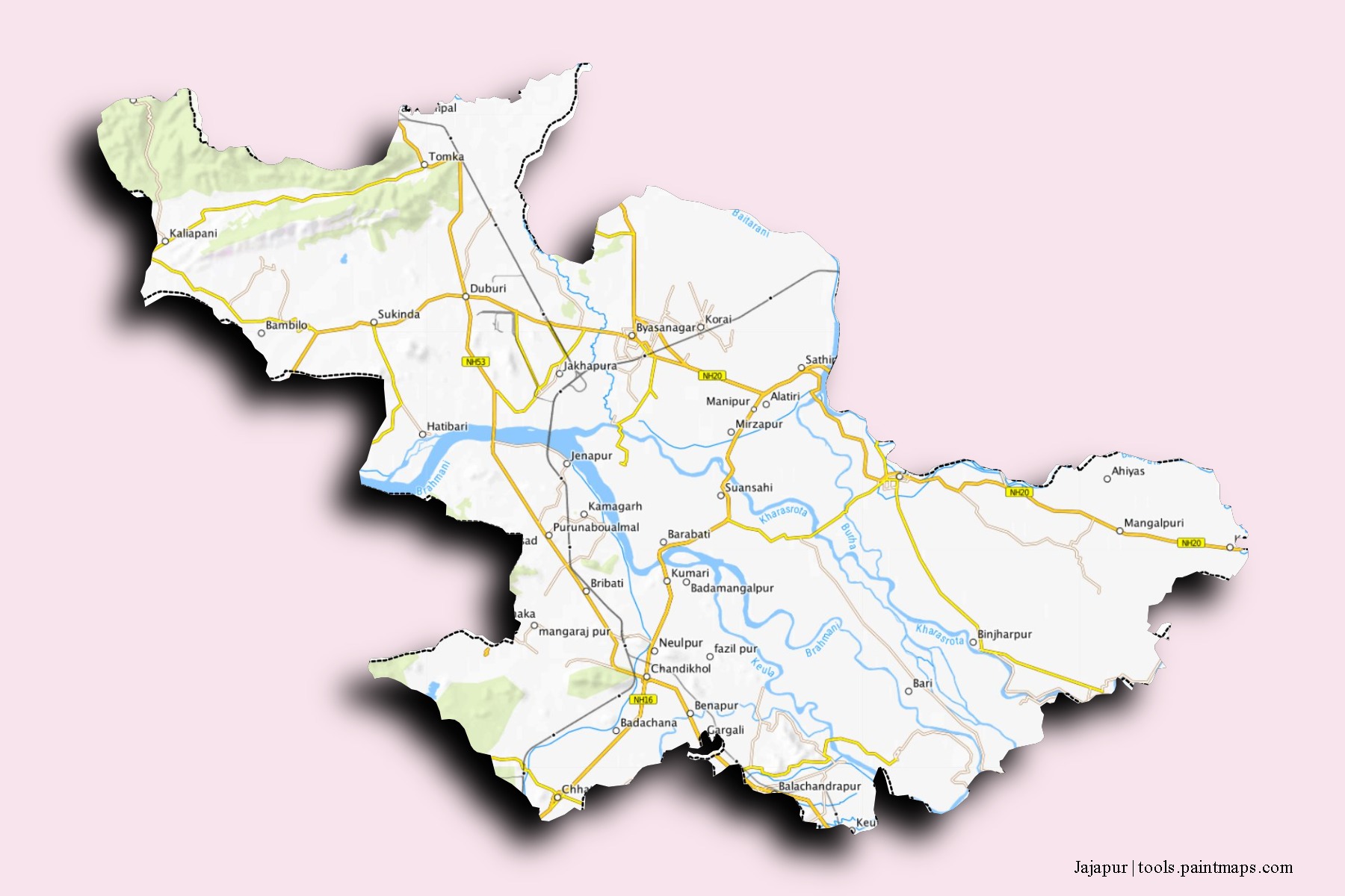 Mapa de barrios y pueblos de Jajapur con efecto de sombra 3D