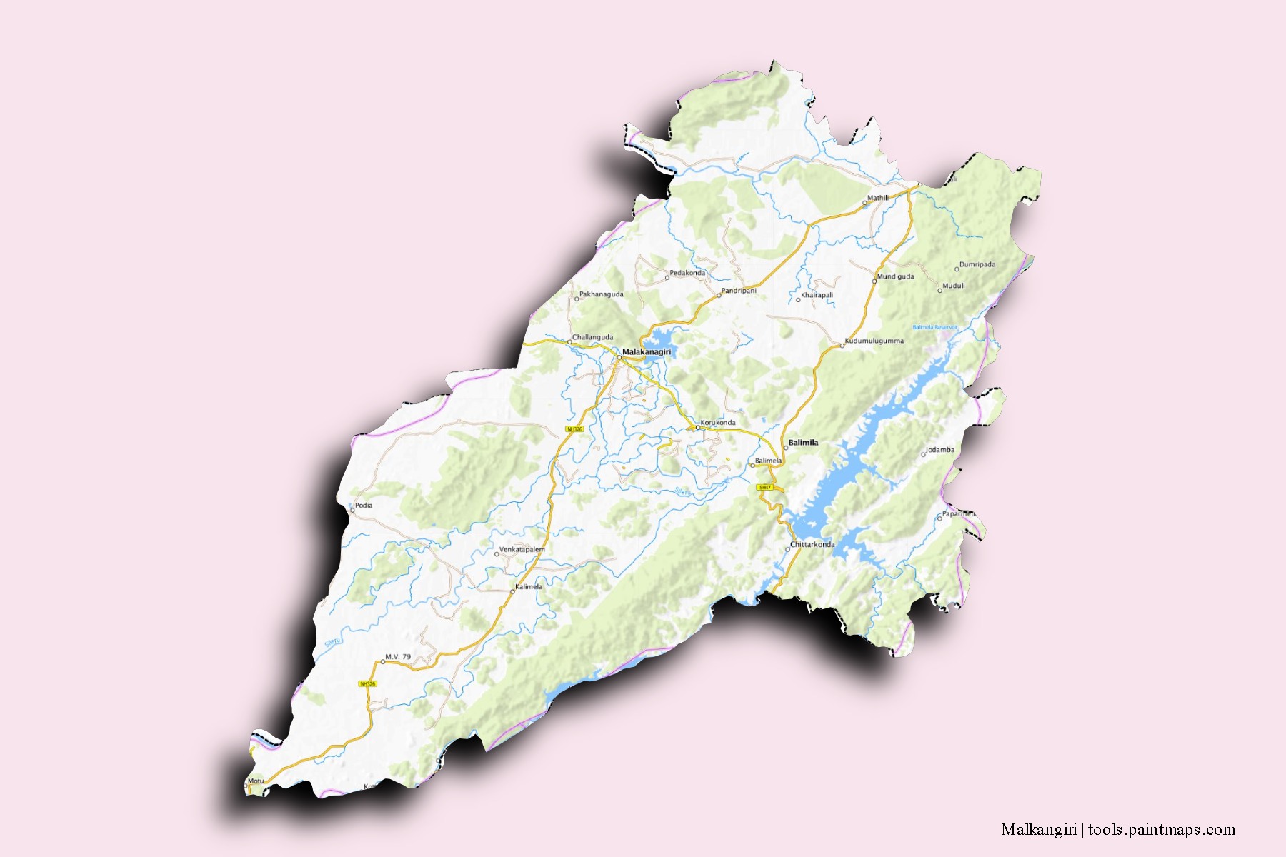 Mapa de barrios y pueblos de Malkangiri con efecto de sombra 3D