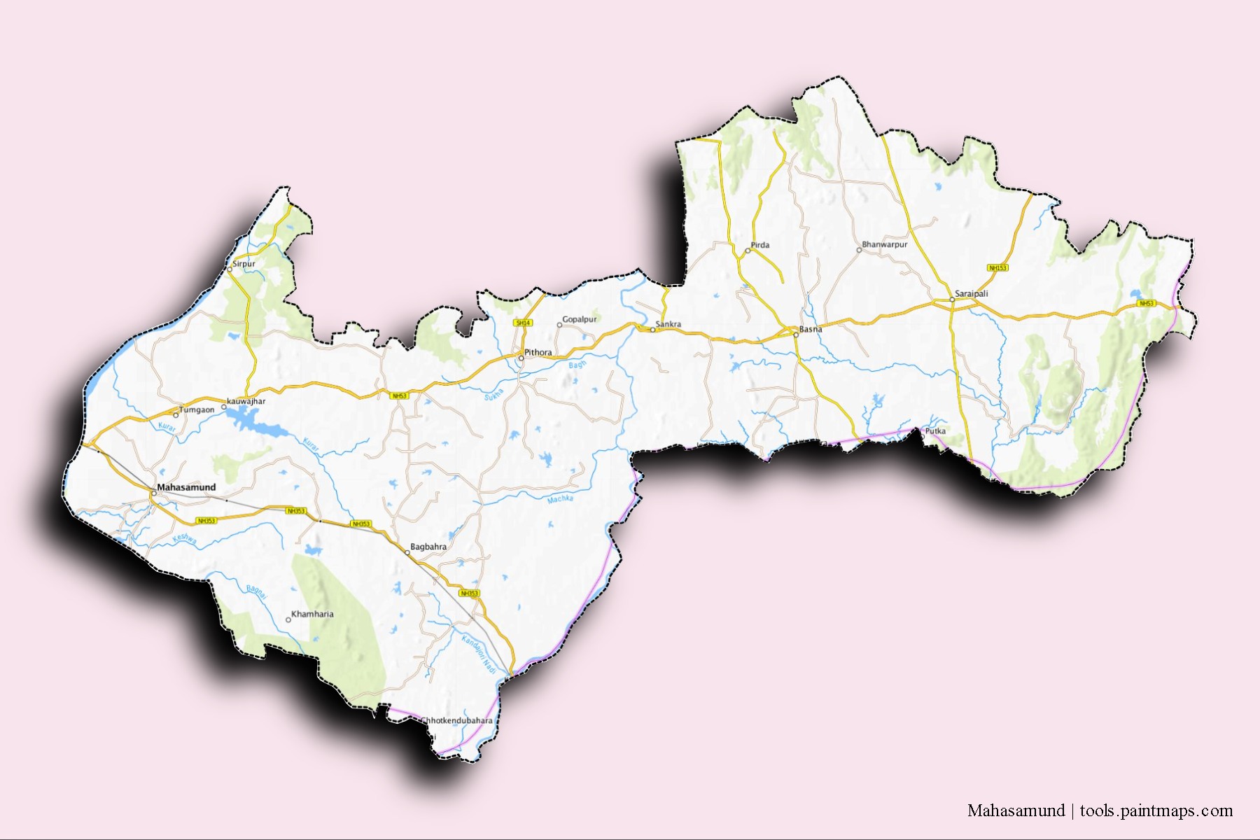 Mahasamund neighborhoods and villages map with 3D shadow effect