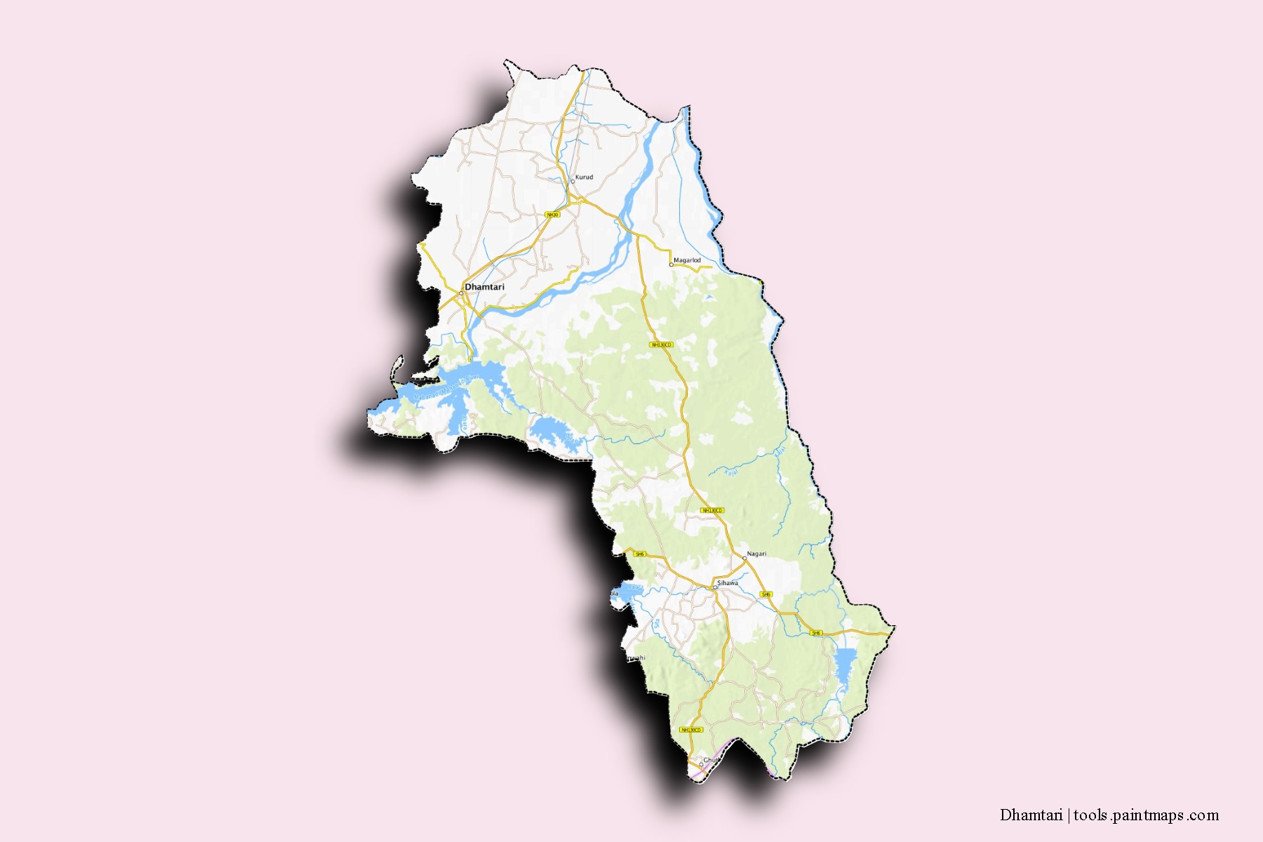 Mapa de barrios y pueblos de Dhamtari con efecto de sombra 3D