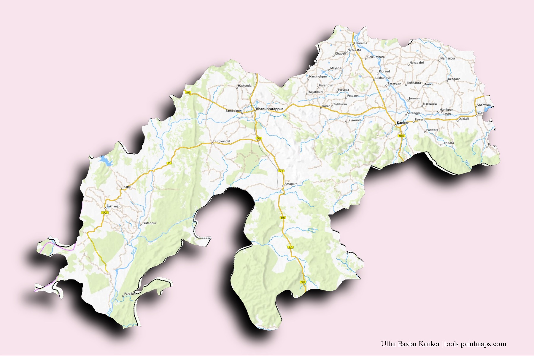 Mapa de barrios y pueblos de Uttar Bastar Kanker con efecto de sombra 3D