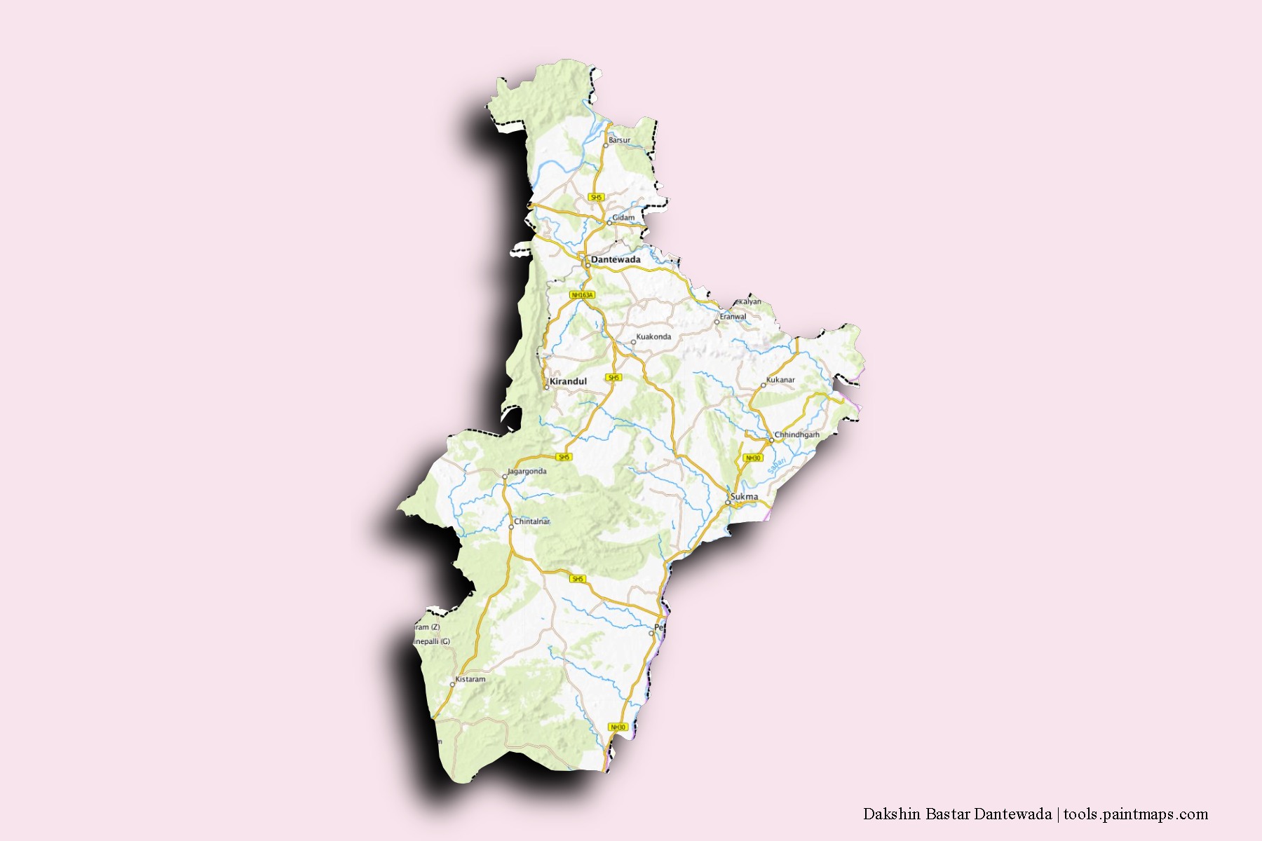 Mapa de barrios y pueblos de Dakshin Bastar Dantewada con efecto de sombra 3D