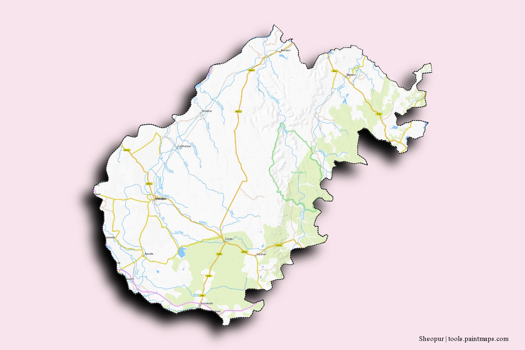 Mapa de barrios y pueblos de Sheopur con efecto de sombra 3D