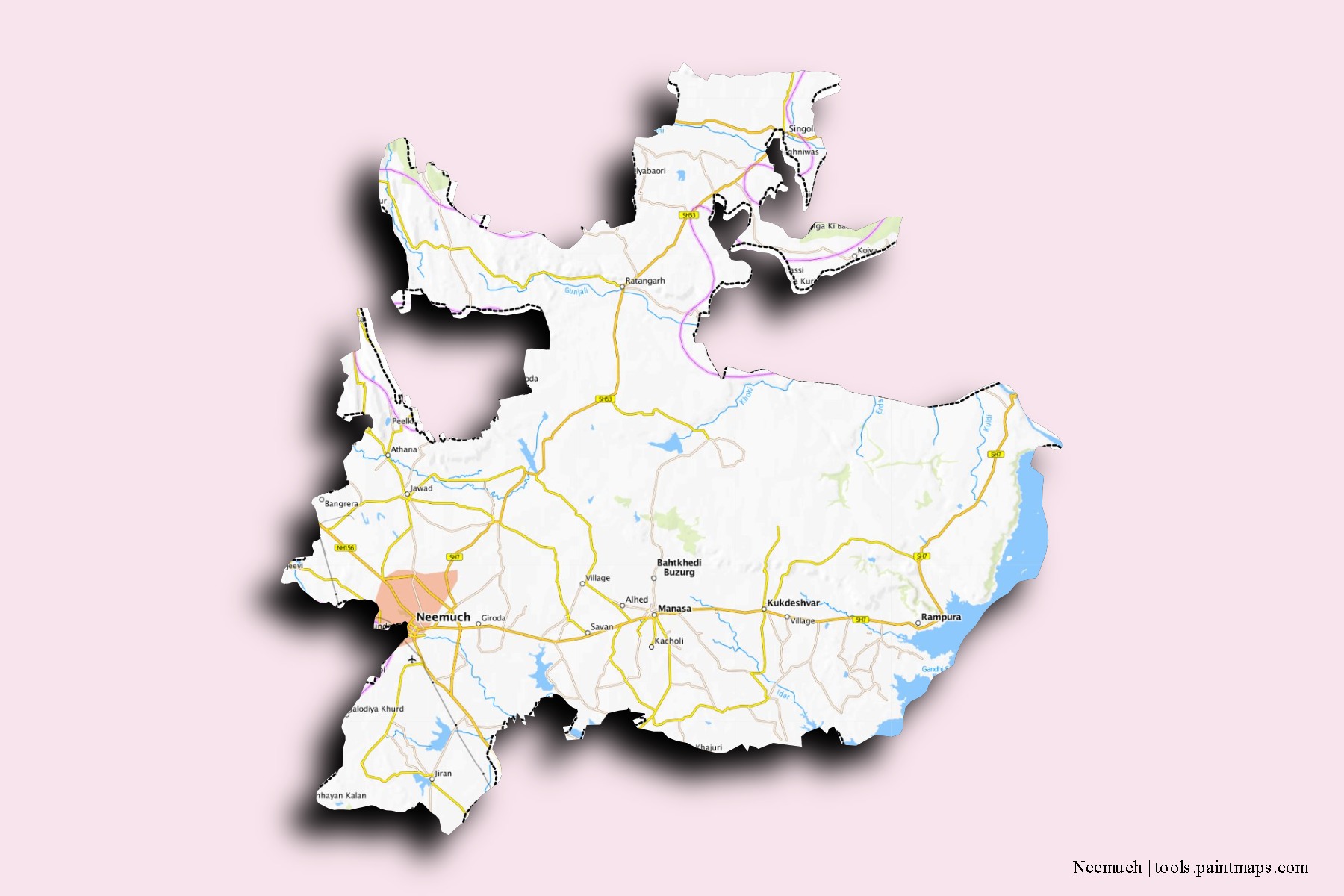 3D gölge efektli Neemuch mahalleleri ve köyleri haritası