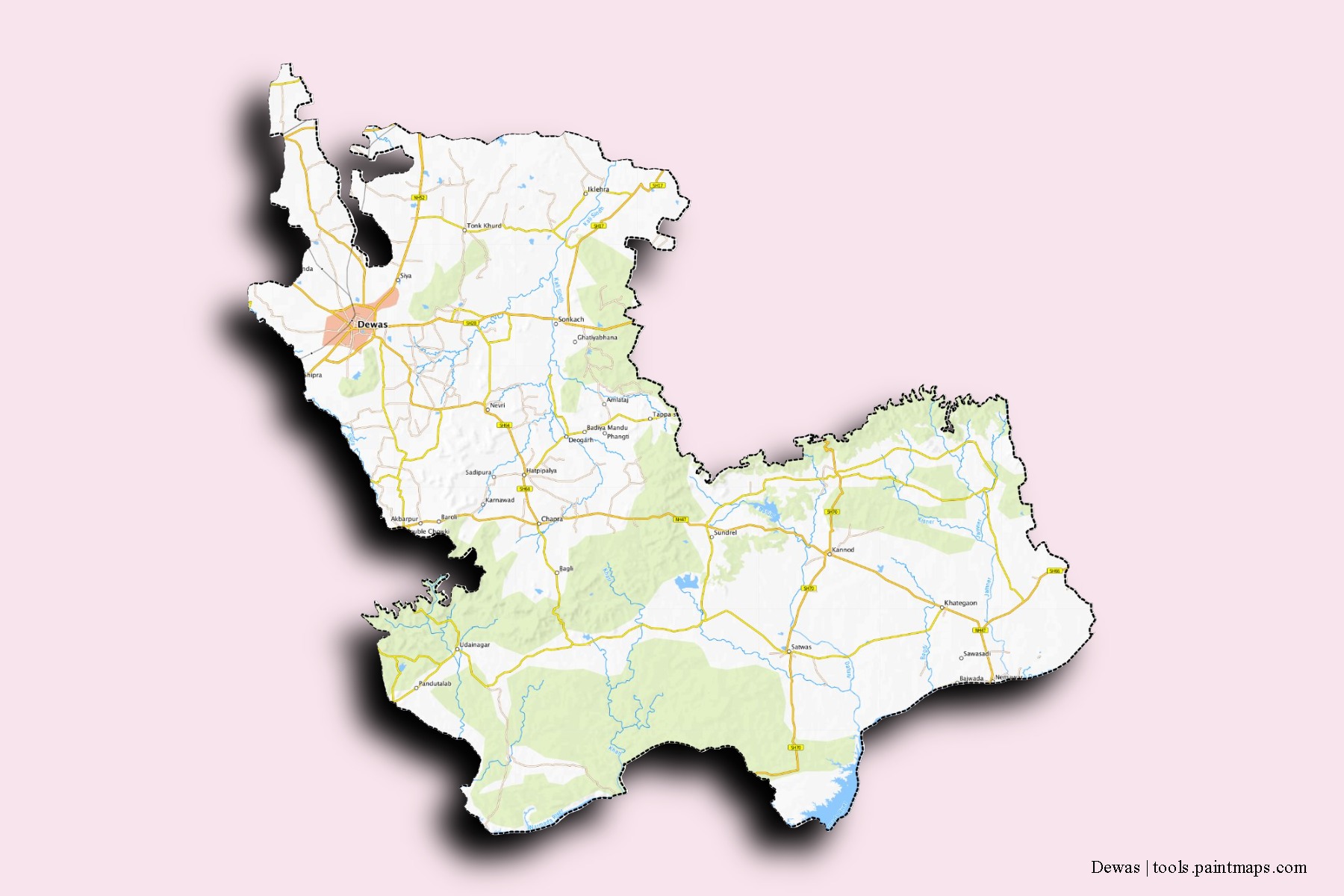 Mapa de barrios y pueblos de Dewas con efecto de sombra 3D