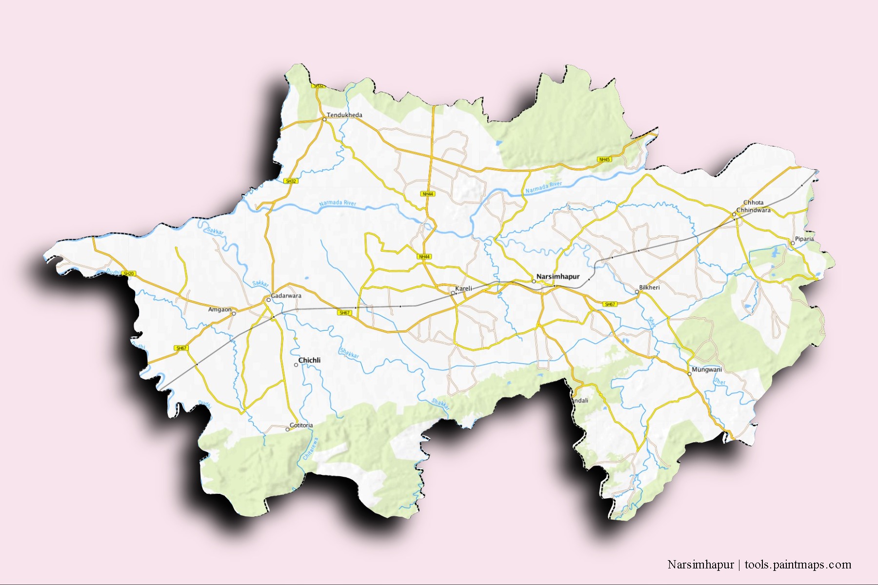 Mapa de barrios y pueblos de Narsimhapur con efecto de sombra 3D