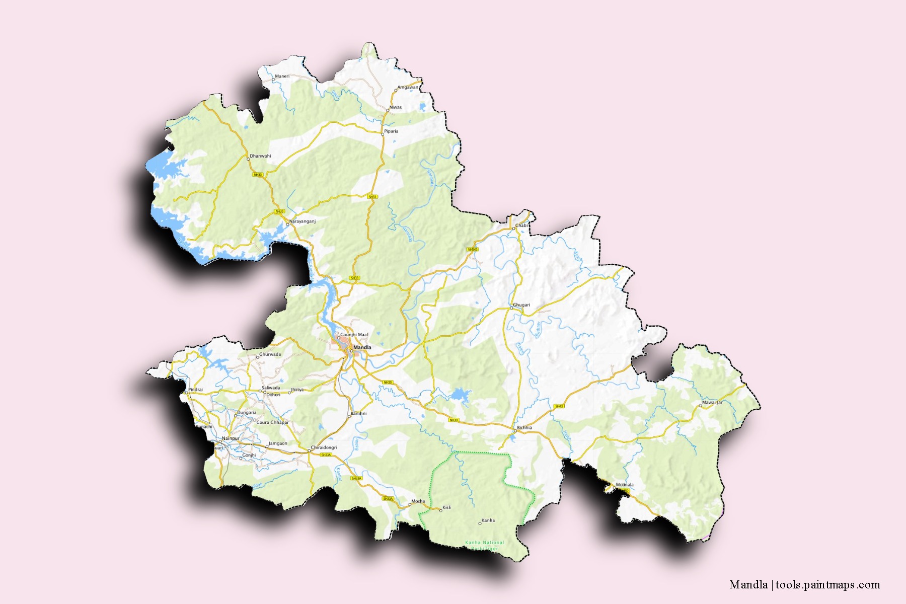 Mapa de barrios y pueblos de Mandla con efecto de sombra 3D