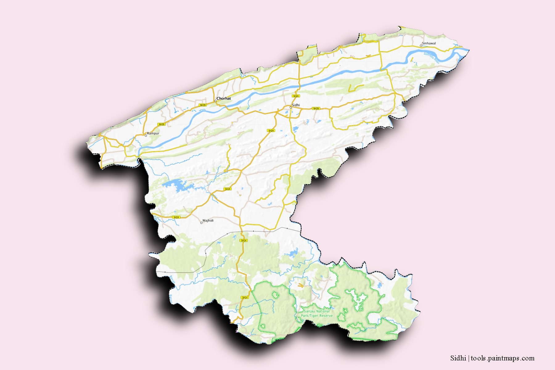 Mapa de barrios y pueblos de Sidhi con efecto de sombra 3D