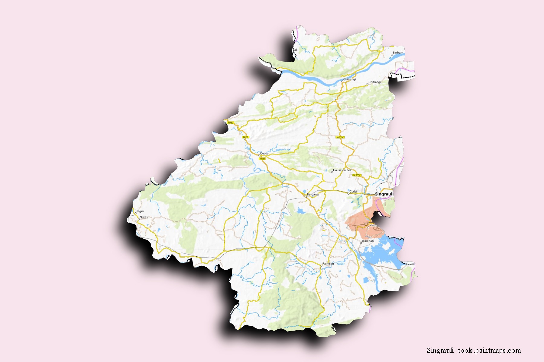 Singrauli neighborhoods and villages map with 3D shadow effect