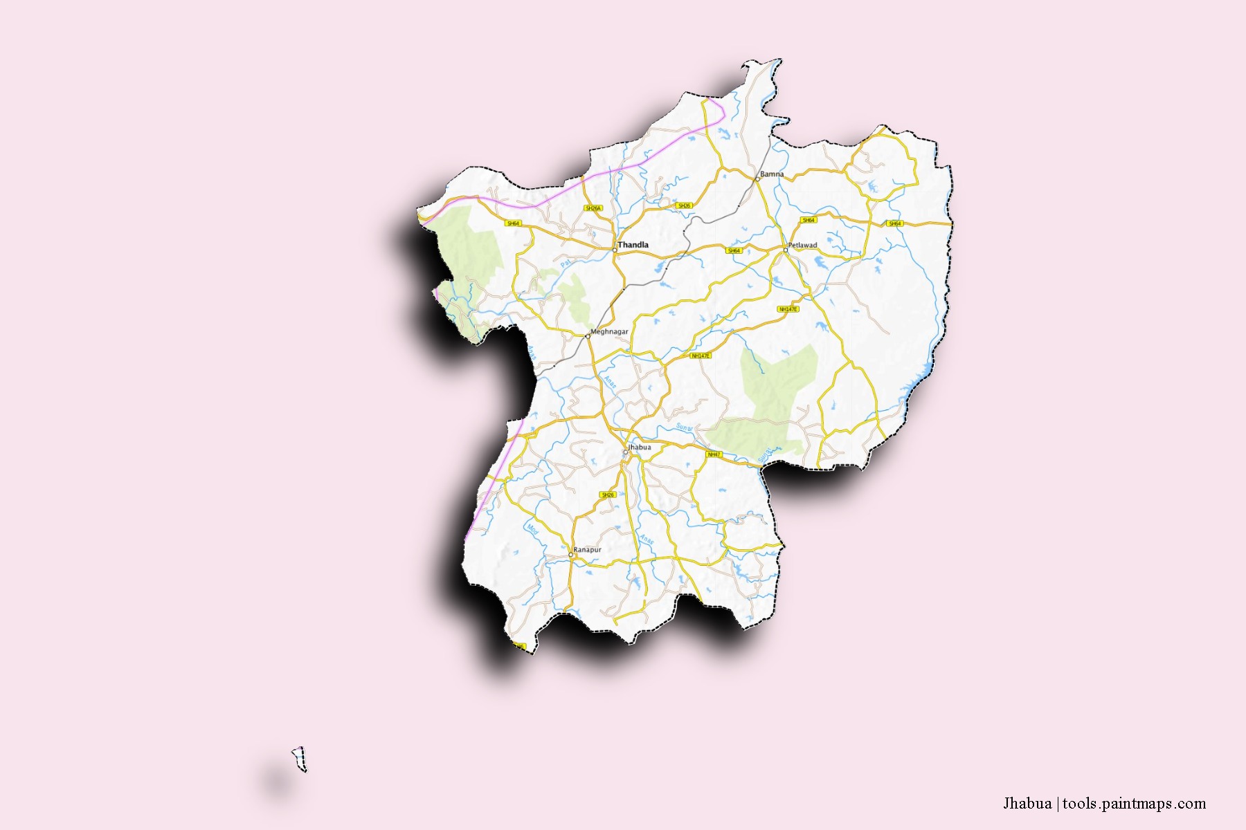 Mapa de barrios y pueblos de Jhabua con efecto de sombra 3D