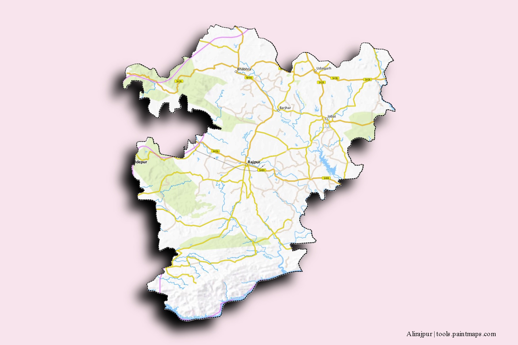 Mapa de barrios y pueblos de Alirajpur con efecto de sombra 3D