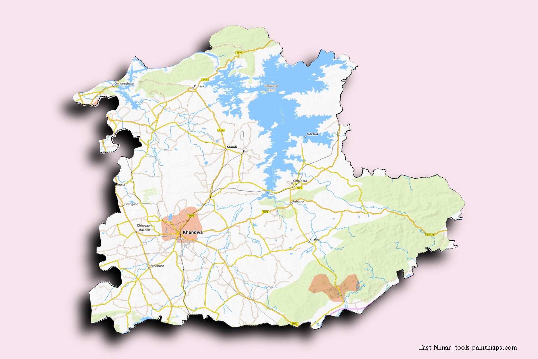 Mapa de barrios y pueblos de East Nimar con efecto de sombra 3D