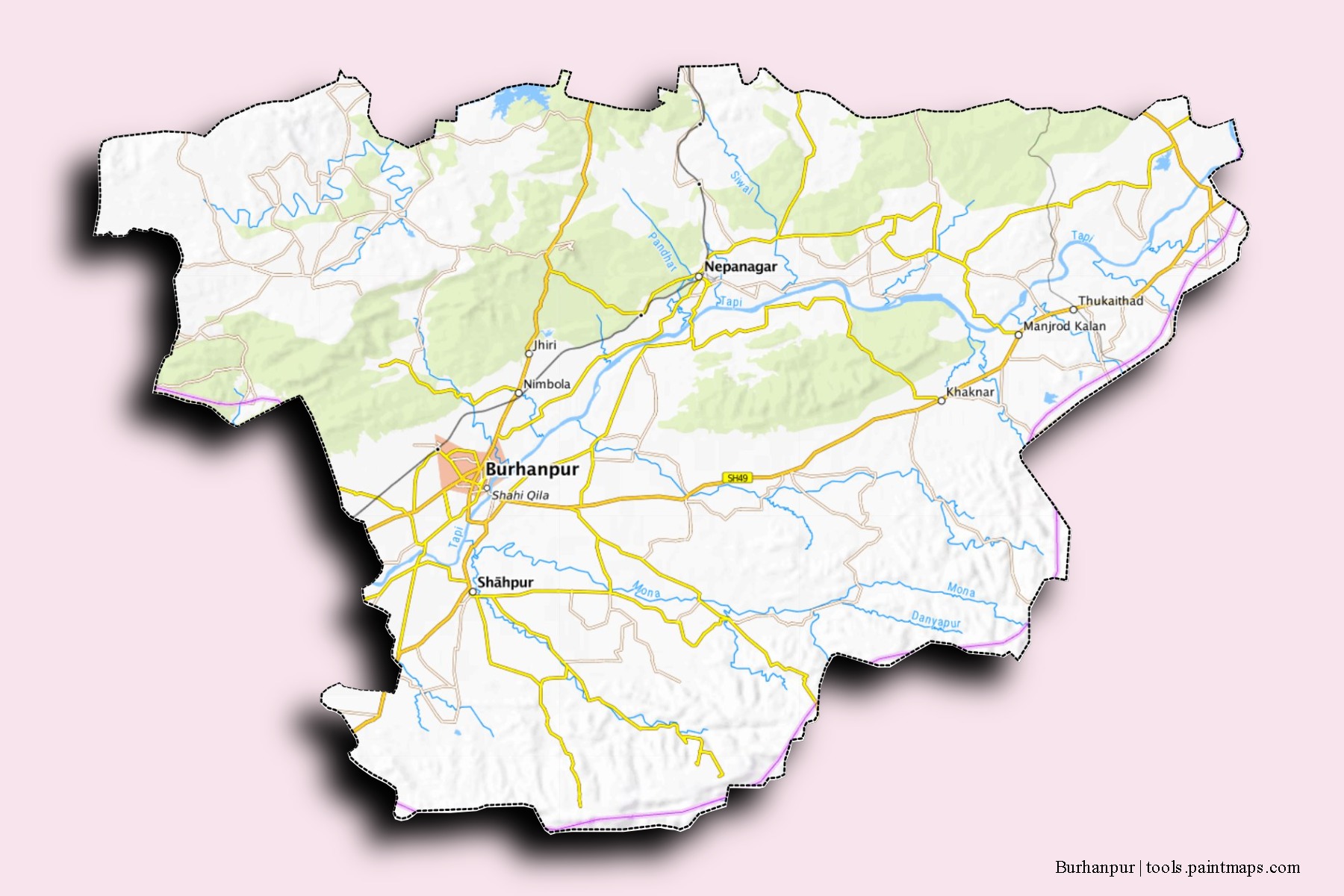 Burhanpur neighborhoods and villages map with 3D shadow effect