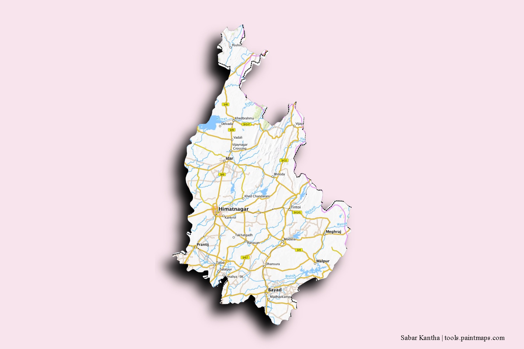 Mapa de barrios y pueblos de Sabar Kantha con efecto de sombra 3D