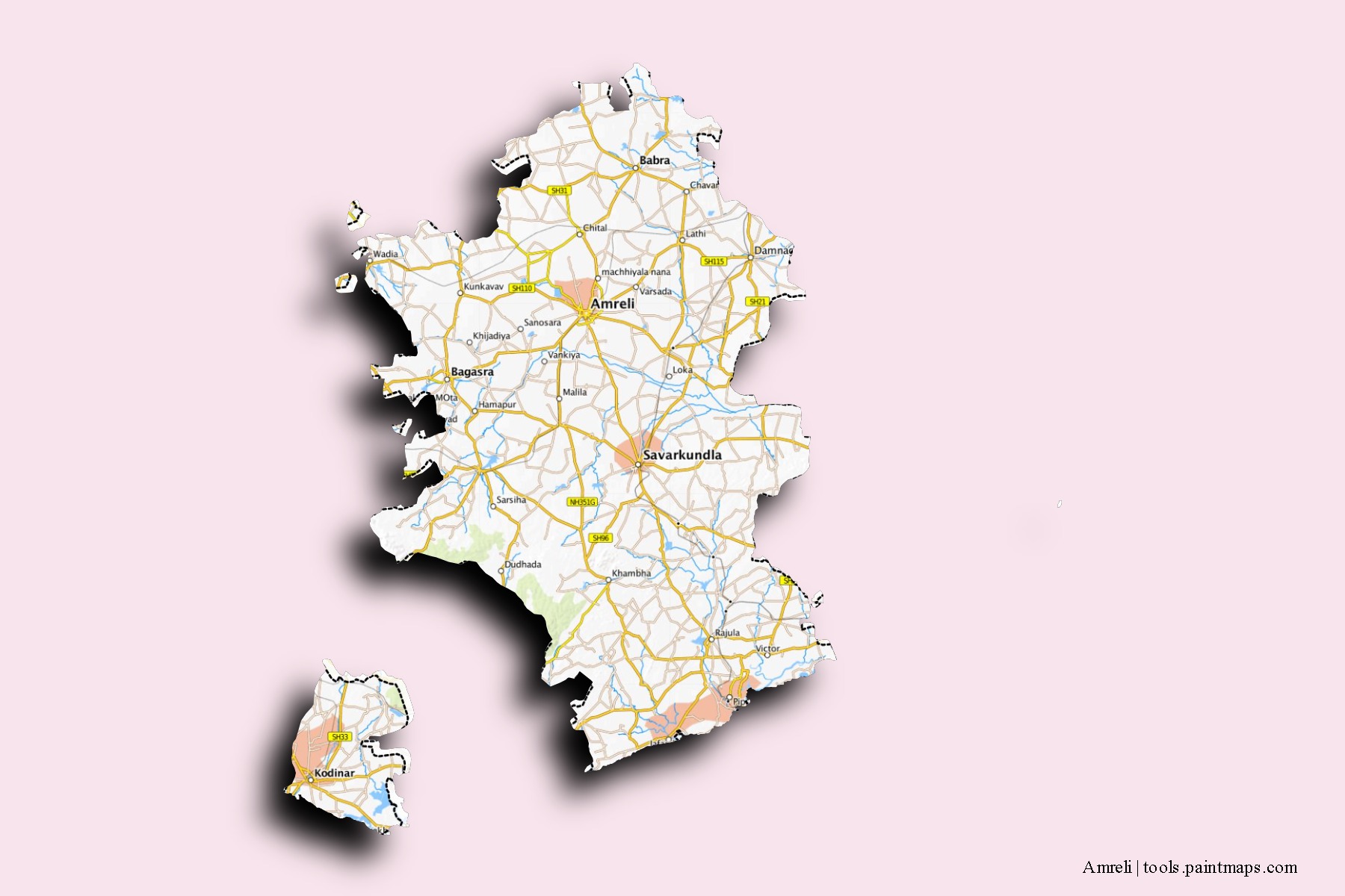 Amreli neighborhoods and villages map with 3D shadow effect