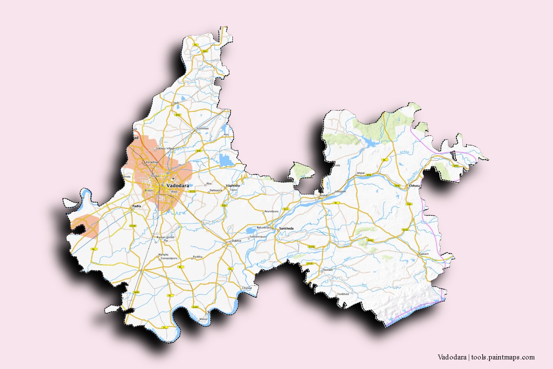 Vadodara neighborhoods and villages map with 3D shadow effect