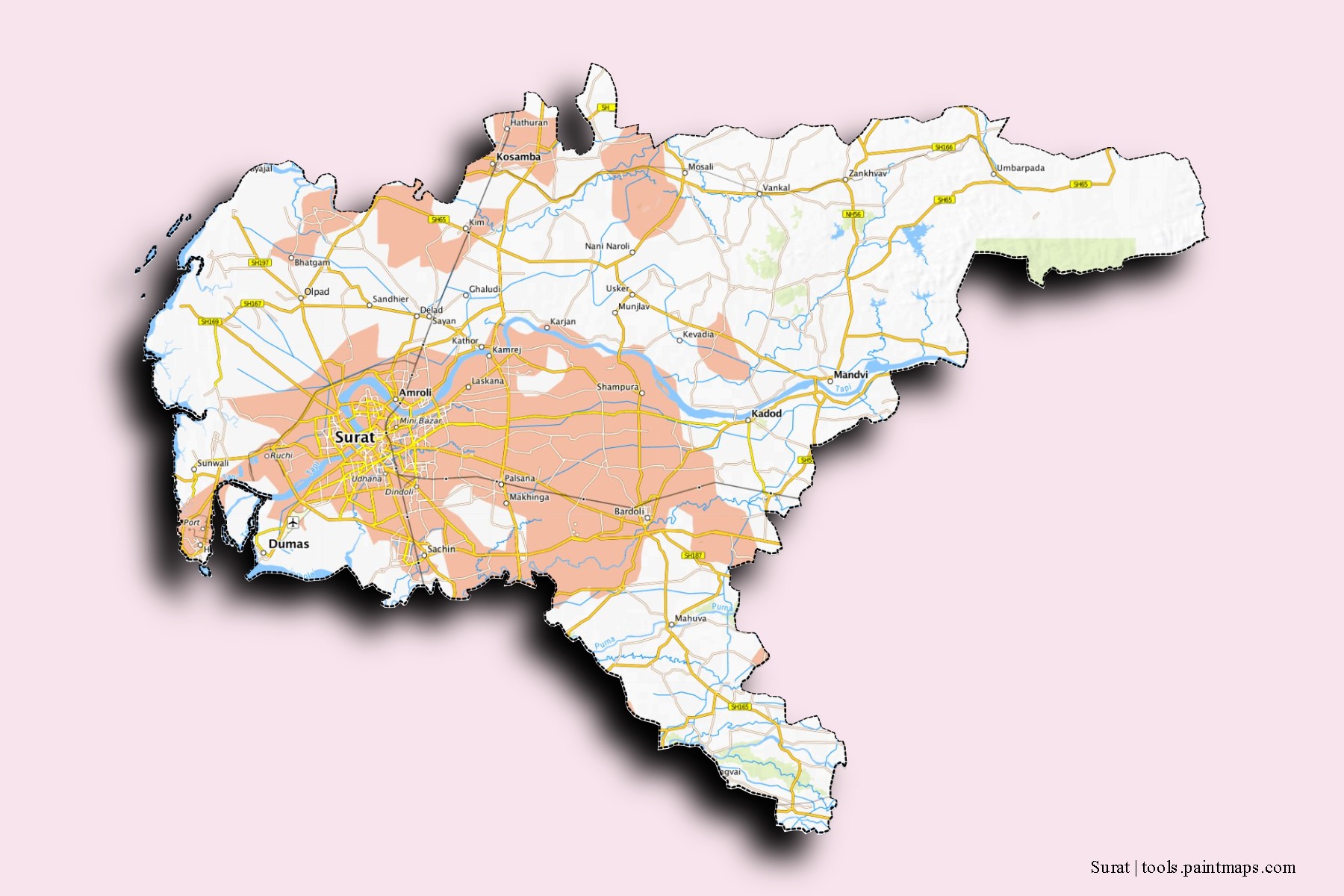 Mapa de barrios y pueblos de Surat con efecto de sombra 3D