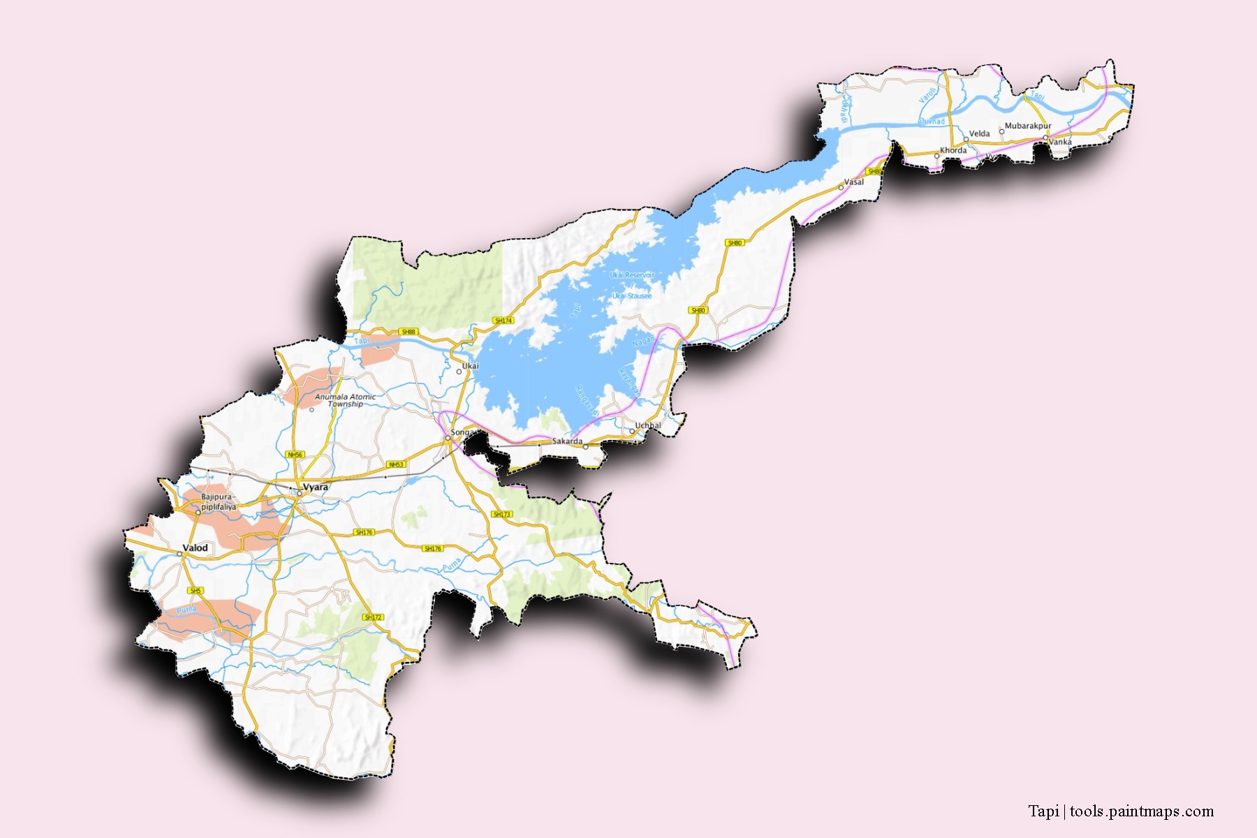 Mapa de barrios y pueblos de Tapi con efecto de sombra 3D