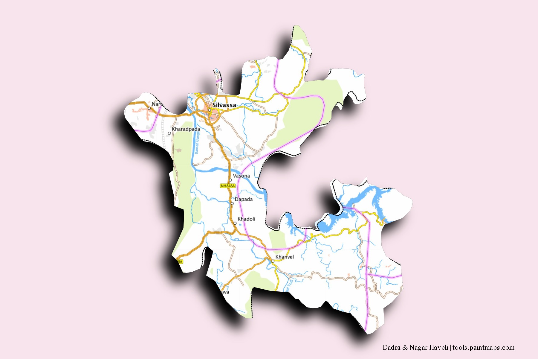 Mapa de barrios y pueblos de Dadra & Nagar Haveli con efecto de sombra 3D