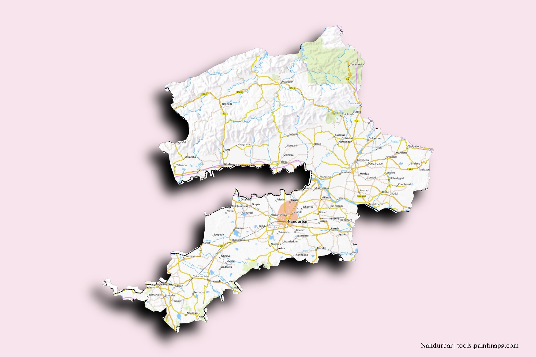 Mapa de barrios y pueblos de Nandurbar con efecto de sombra 3D