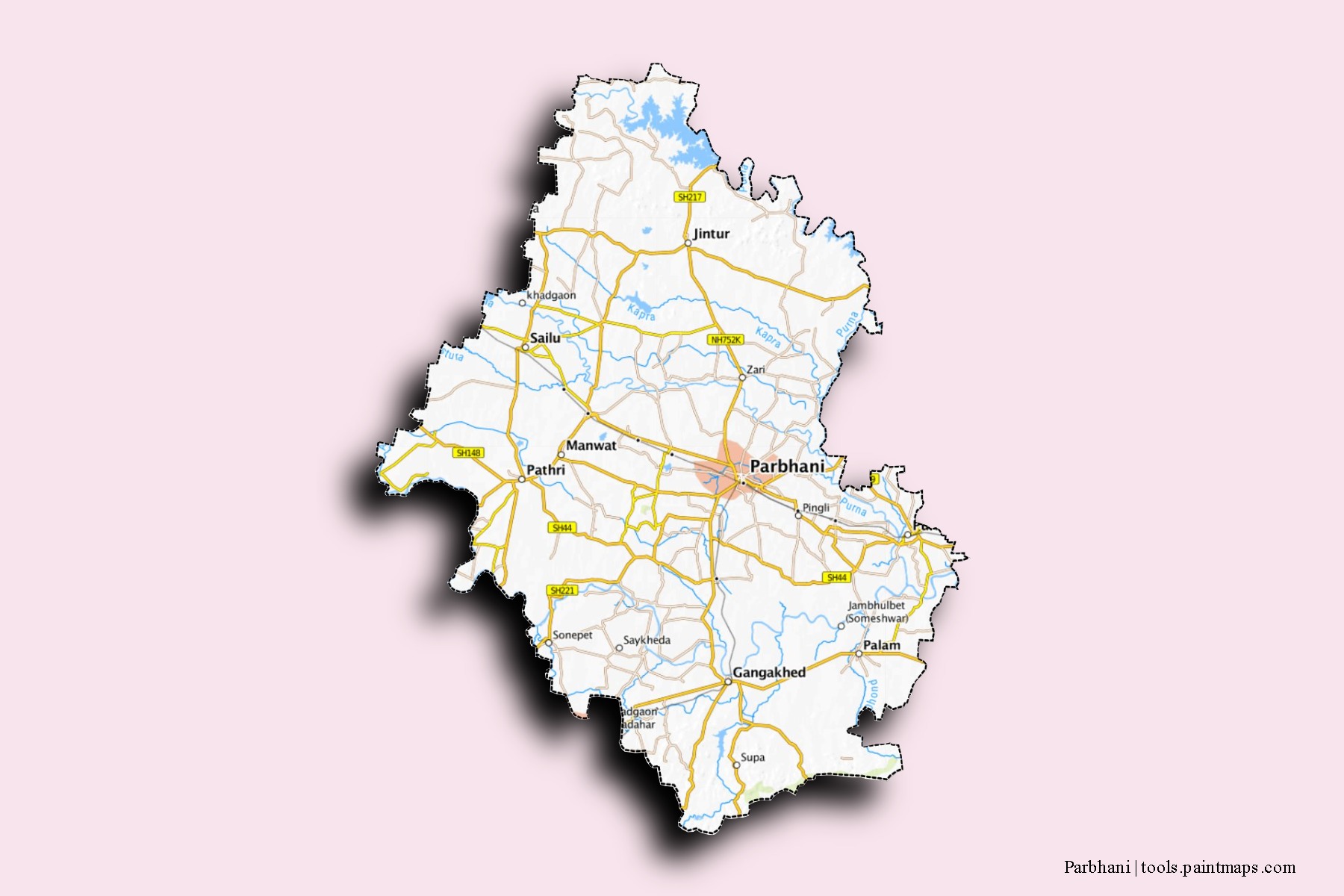 Mapa de barrios y pueblos de Parbhani con efecto de sombra 3D