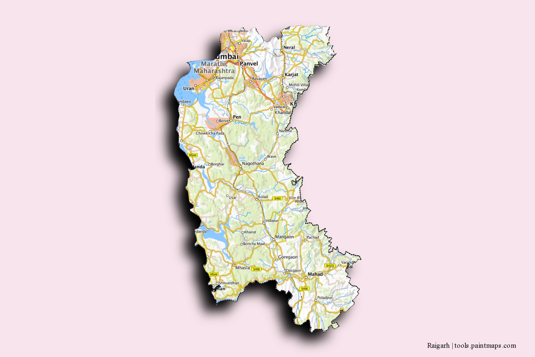 Mapa de barrios y pueblos de Raigarh con efecto de sombra 3D