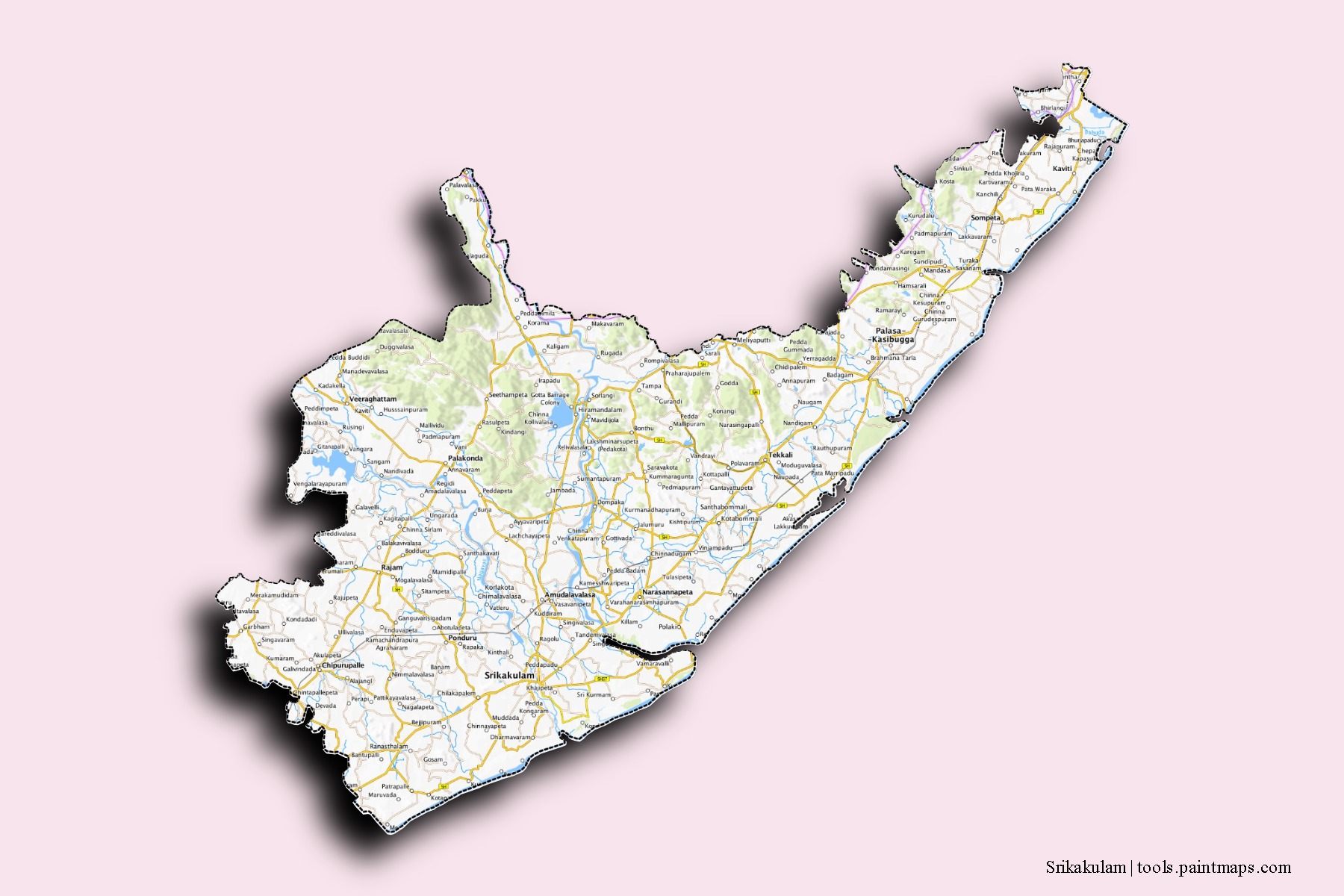 Mapa de barrios y pueblos de Srikakulam con efecto de sombra 3D