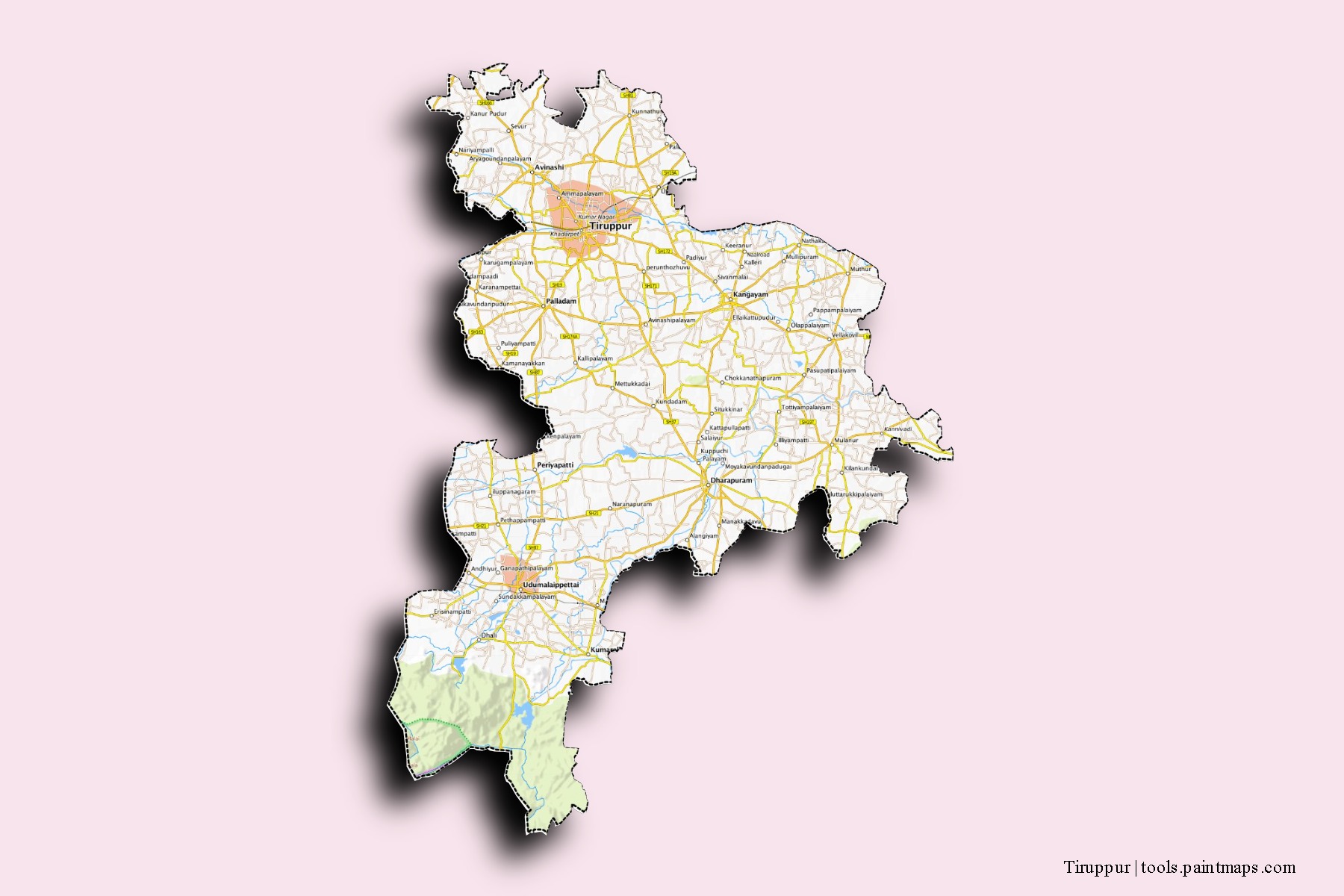 3D gölge efektli Tiruppur mahalleleri ve köyleri haritası