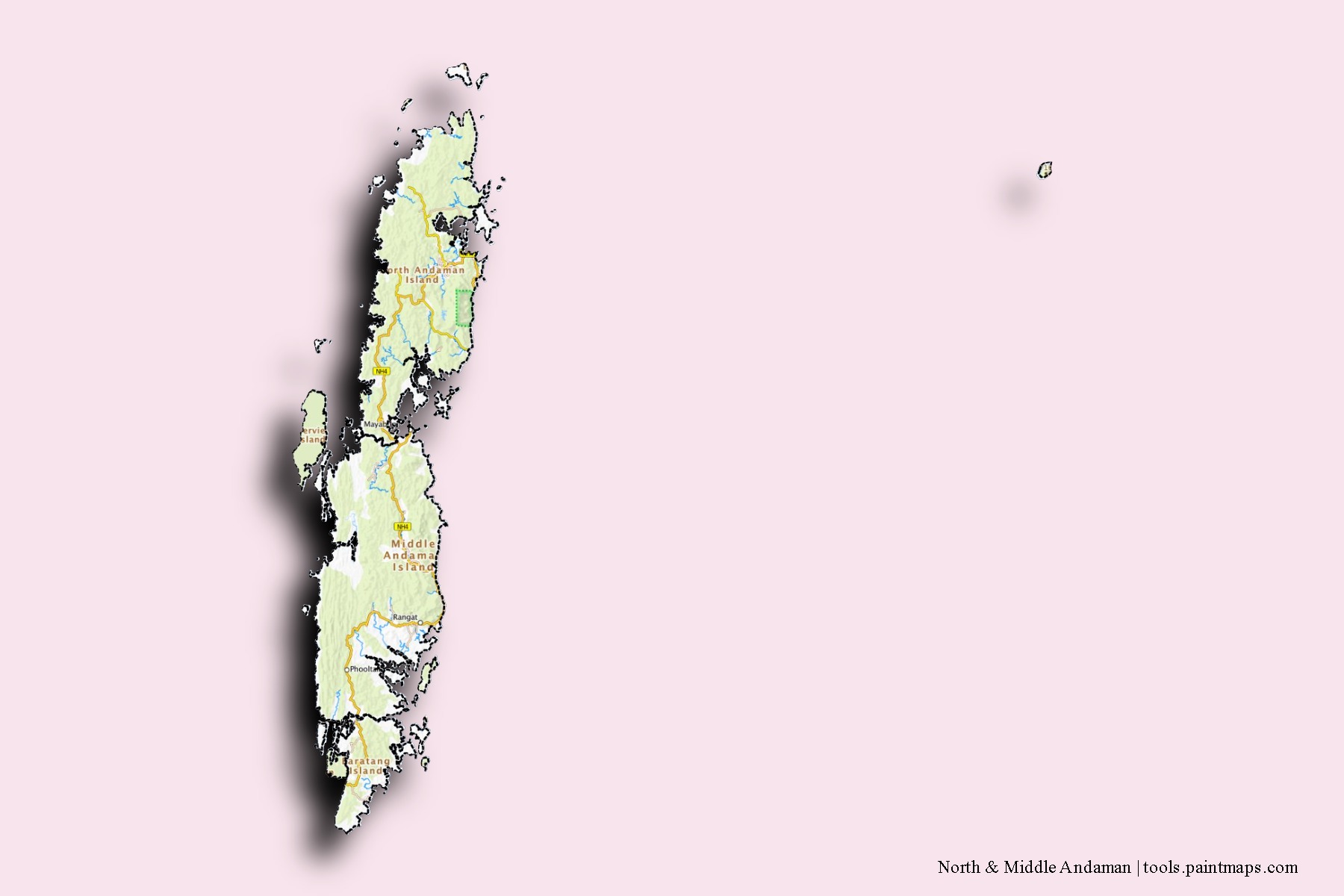 North and Middle Andaman neighborhoods and villages map with 3D shadow effect