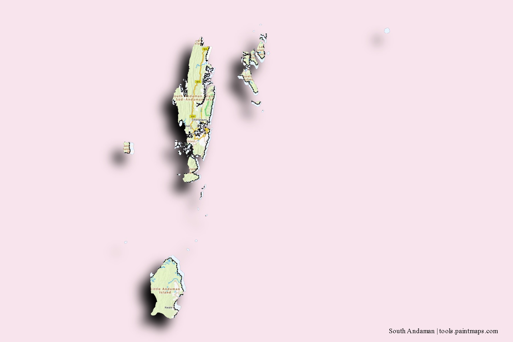 3D gölge efektli South Andaman mahalleleri ve köyleri haritası