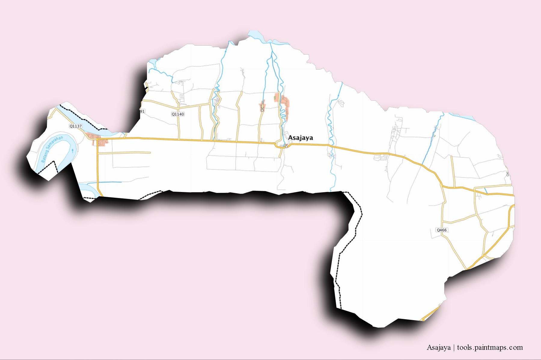 Mapa de barrios y pueblos de Asajaya con efecto de sombra 3D