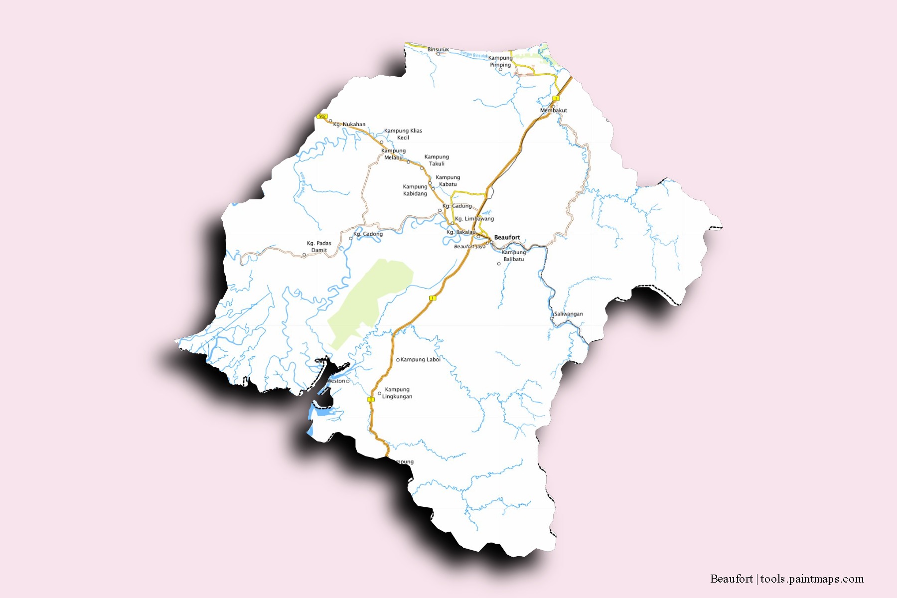 Mapa de barrios y pueblos de Beaufort con efecto de sombra 3D