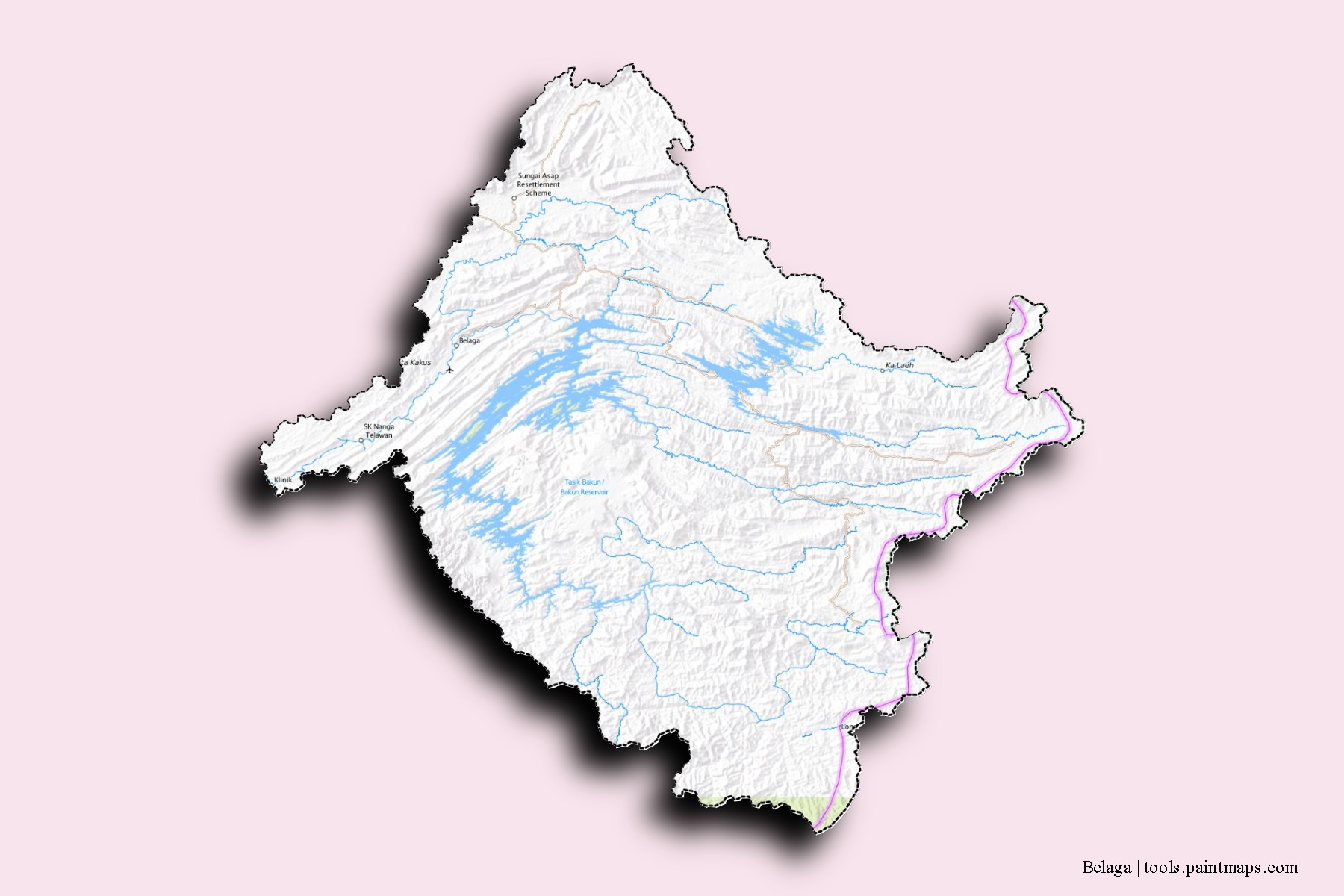 Mapa de barrios y pueblos de Belaga con efecto de sombra 3D