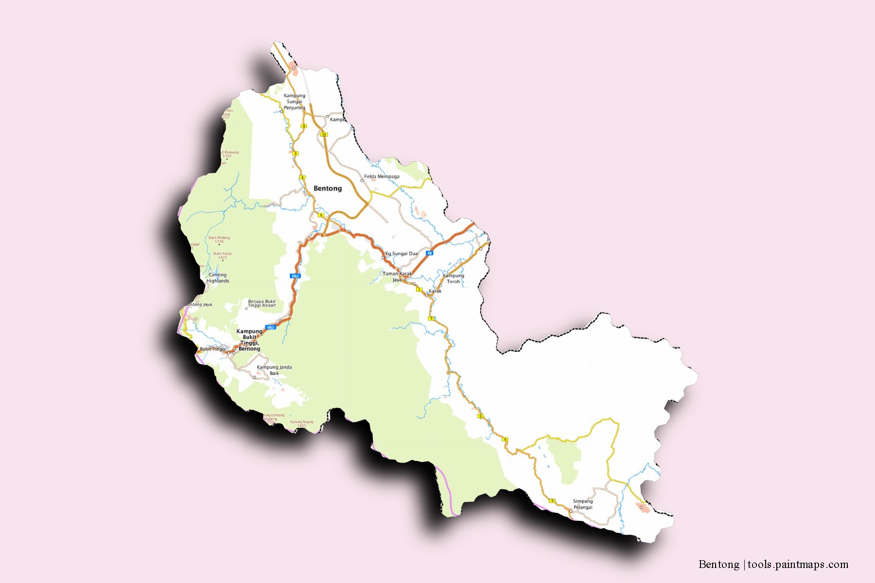 Mapa de barrios y pueblos de Bentong con efecto de sombra 3D