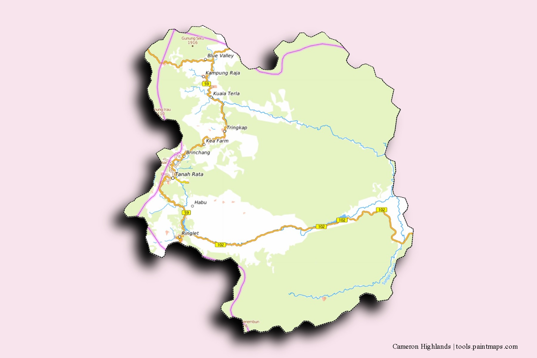 Mapa de barrios y pueblos de Cameron Highlands con efecto de sombra 3D