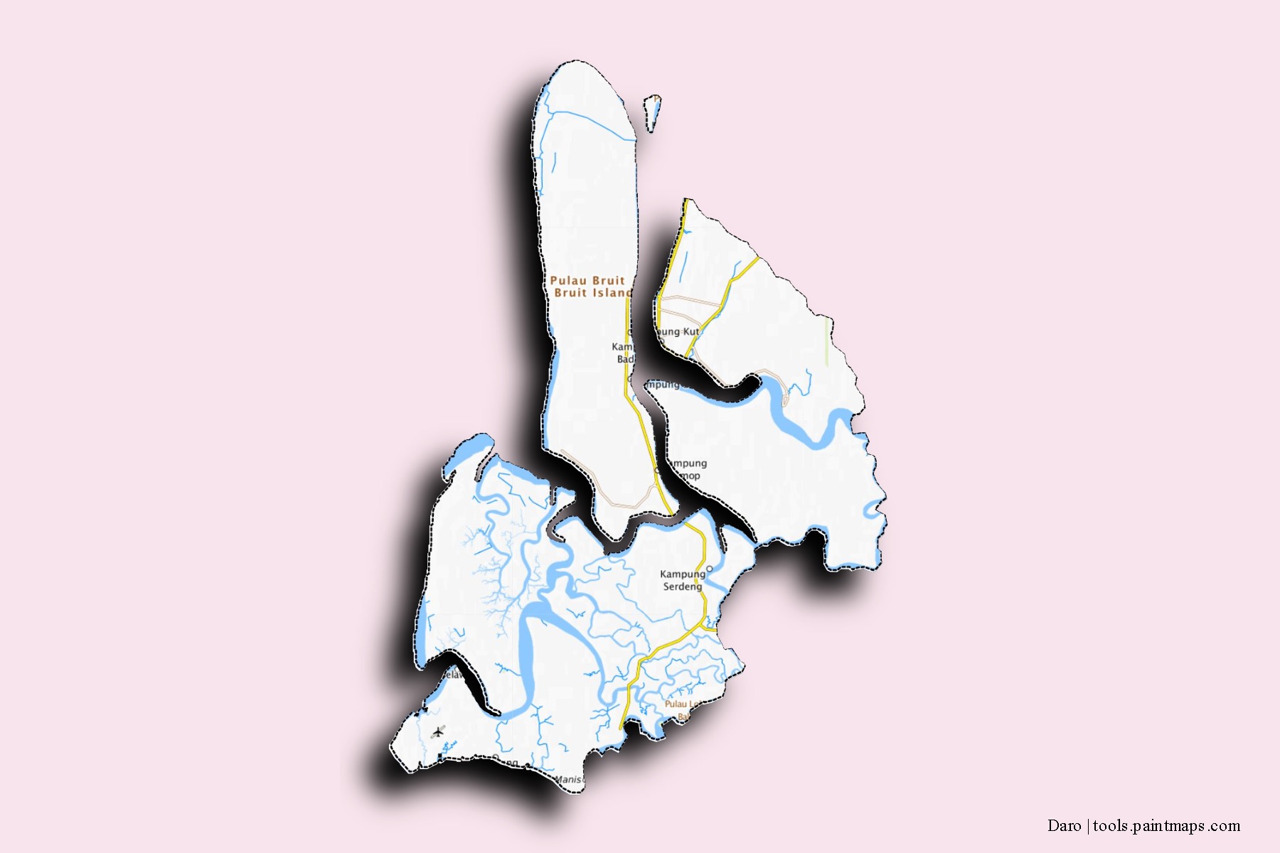 Mapa de barrios y pueblos de Daro con efecto de sombra 3D