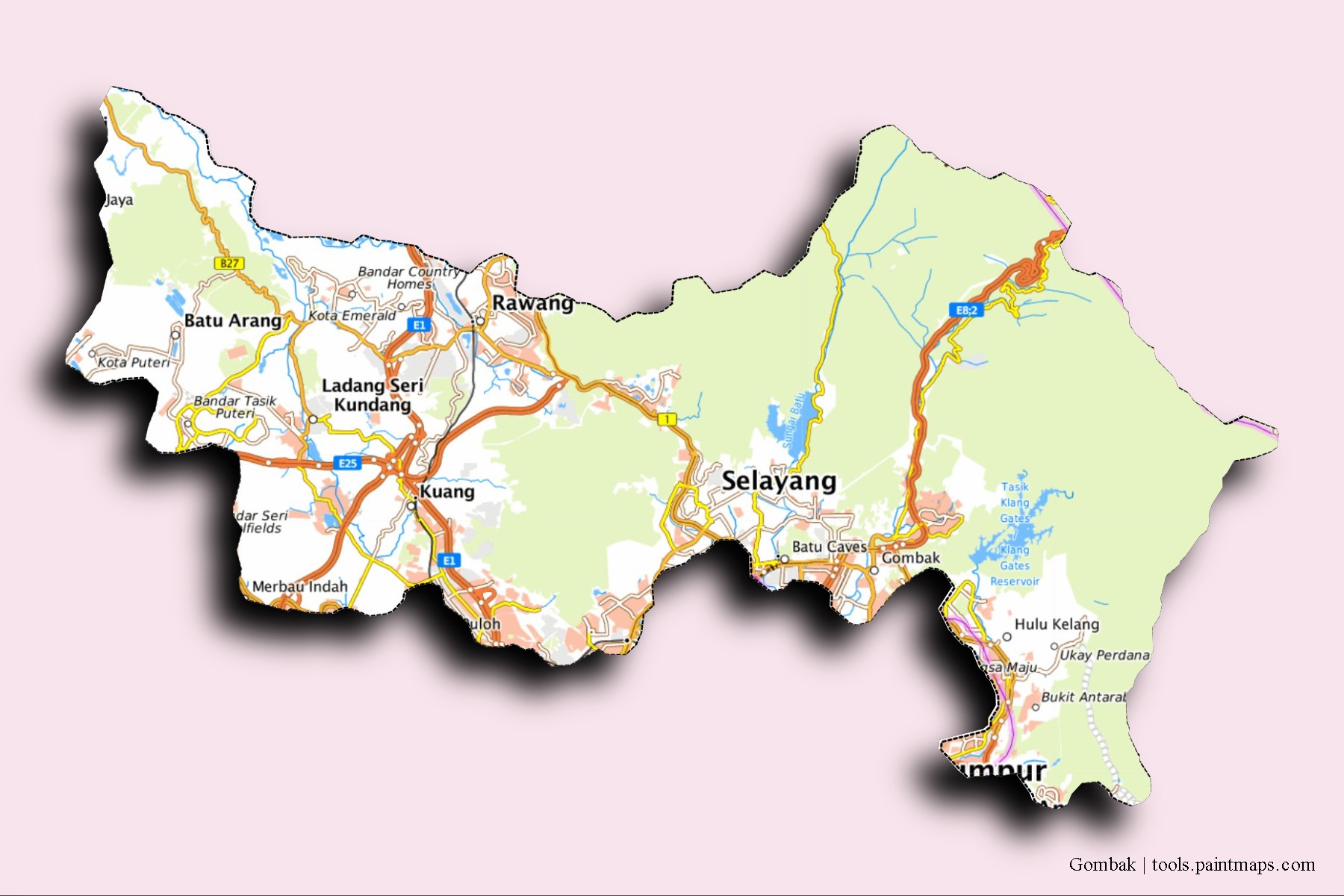 Mapa de barrios y pueblos de Gombak con efecto de sombra 3D