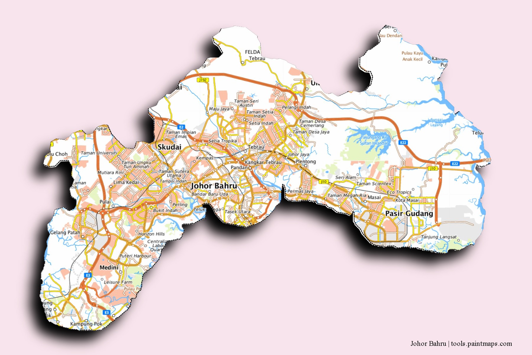 Mapa de barrios y pueblos de Johor Bahru con efecto de sombra 3D