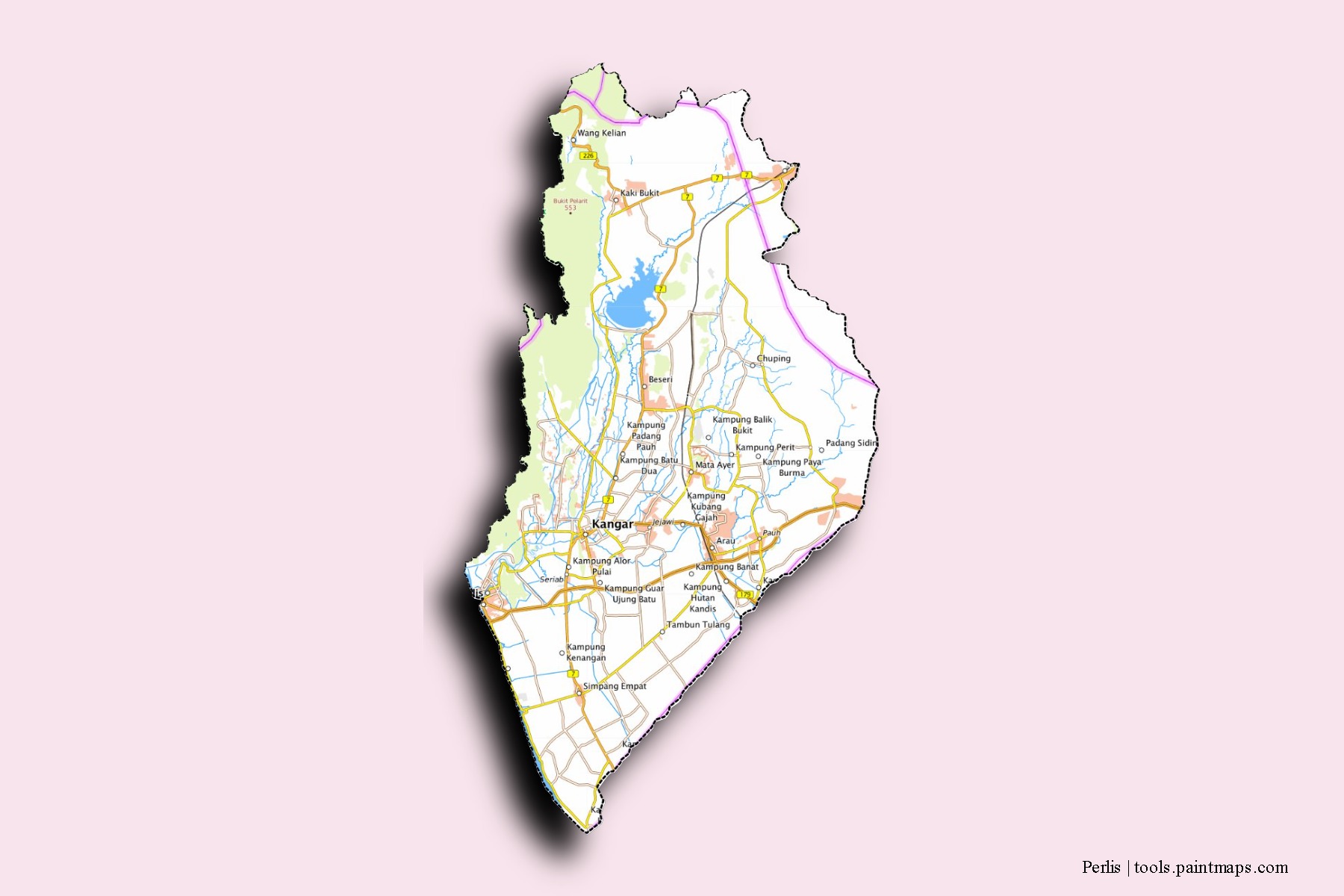 Mapa de barrios y pueblos de Perlis con efecto de sombra 3D