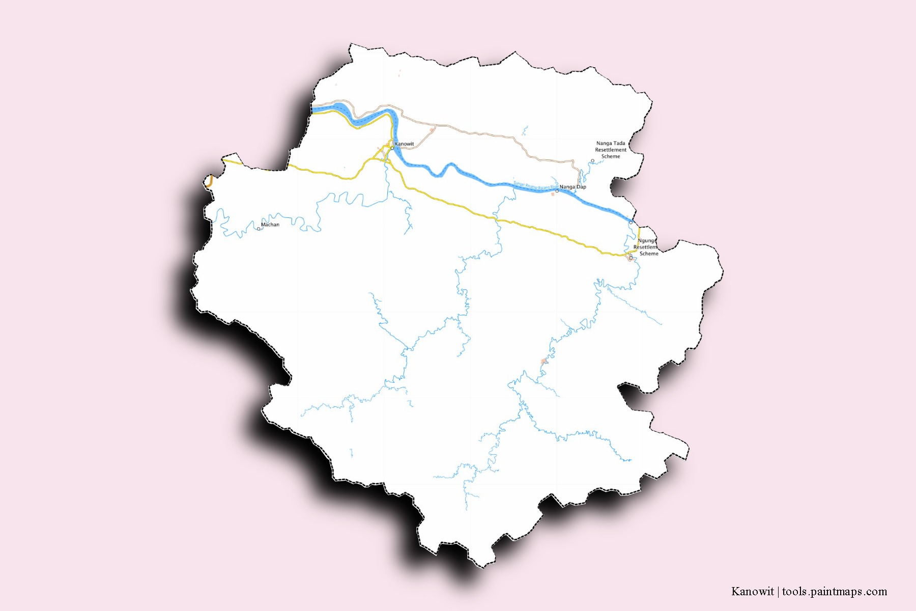 Mapa de barrios y pueblos de Kanowit con efecto de sombra 3D