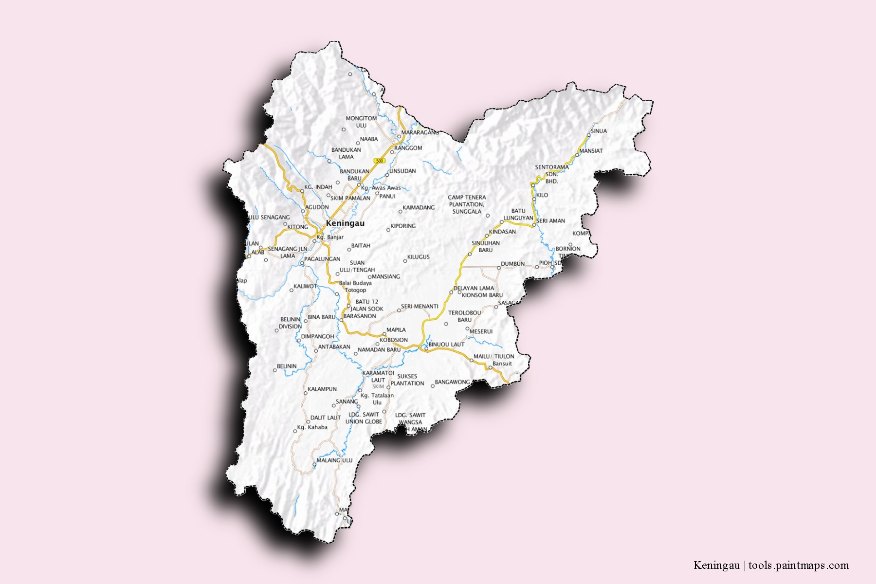 Mapa de barrios y pueblos de Keningau con efecto de sombra 3D