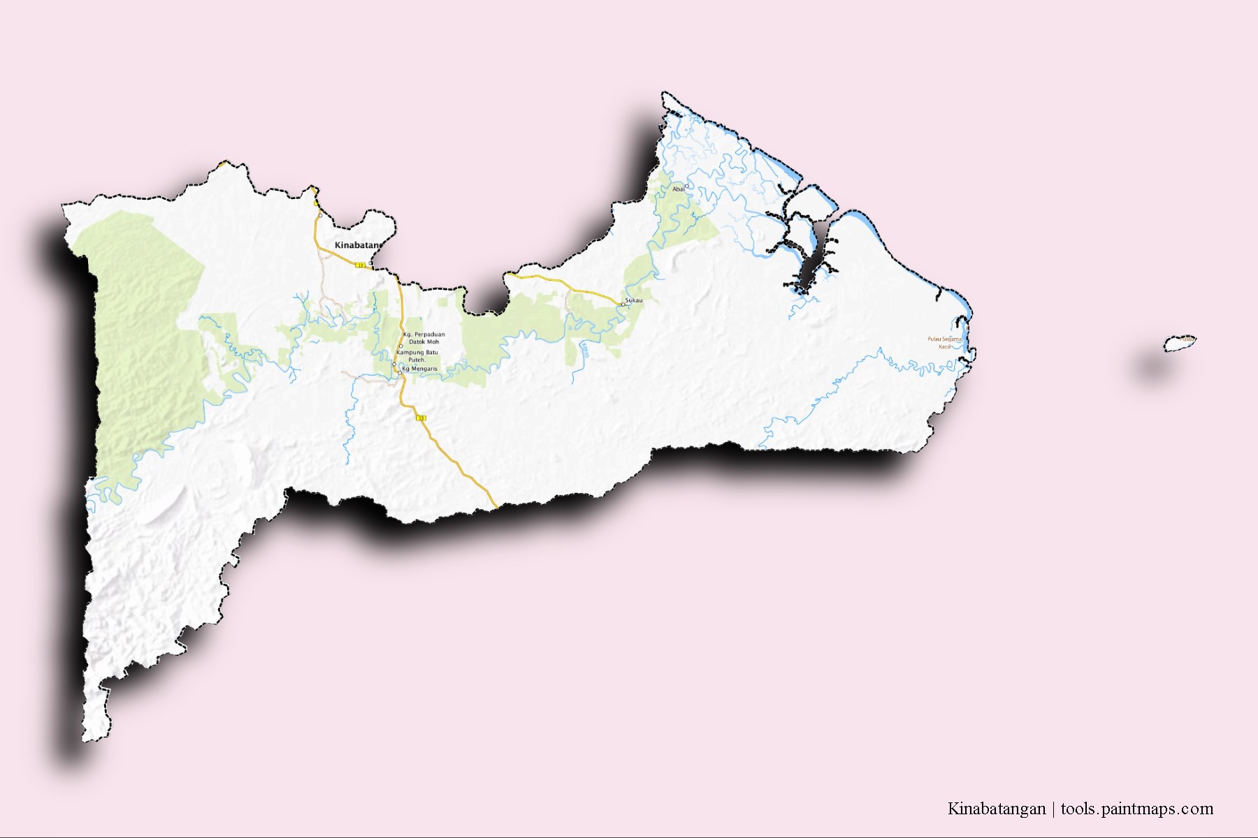 Kinabatangan neighborhoods and villages map with 3D shadow effect