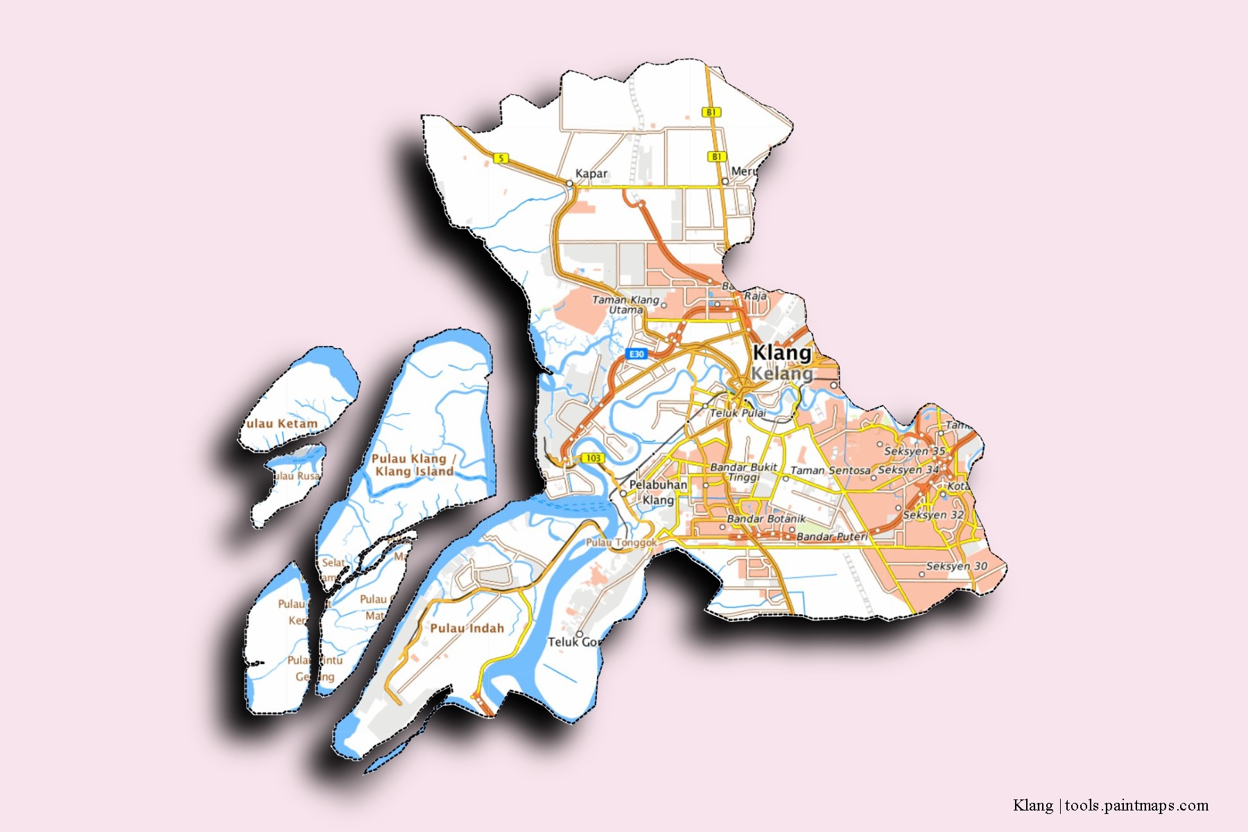 3D gölge efektli Klang mahalleleri ve köyleri haritası