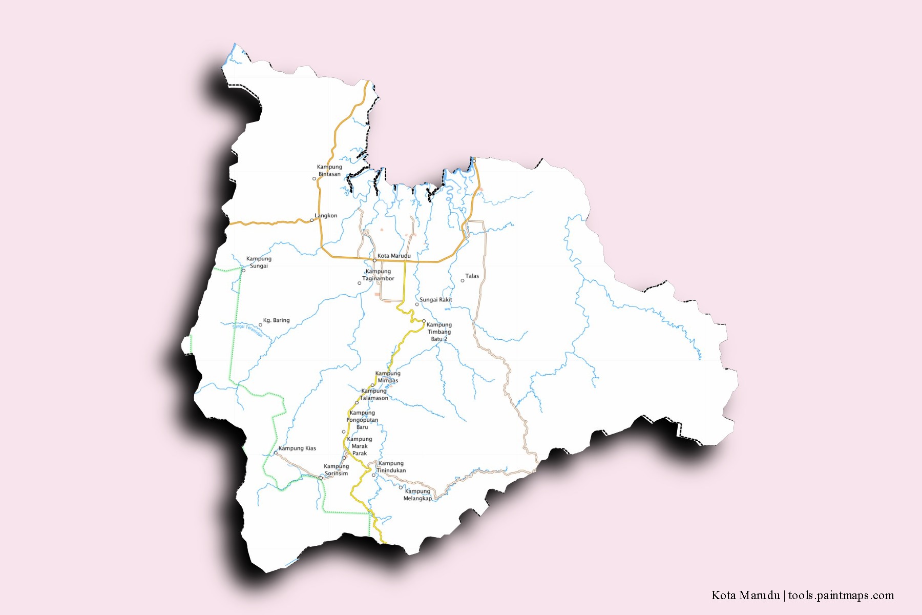 Mapa de barrios y pueblos de Kota Marudu con efecto de sombra 3D