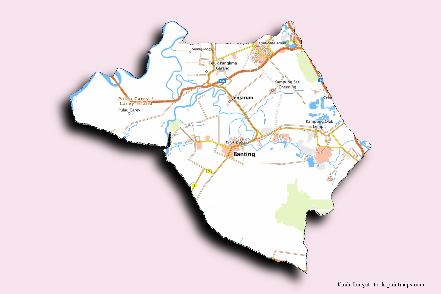 Kuala Langat neighborhoods and villages map with 3D shadow effect