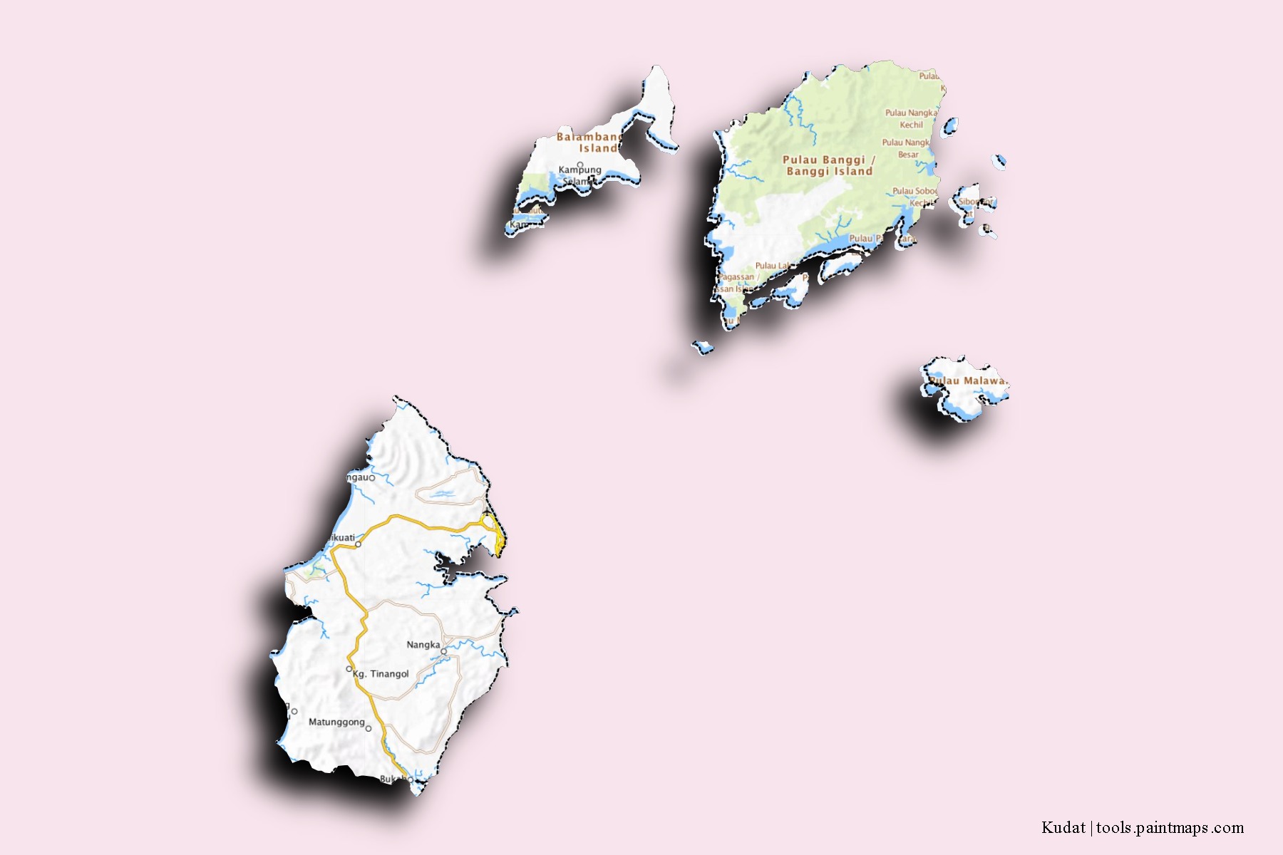 Kudat neighborhoods and villages map with 3D shadow effect