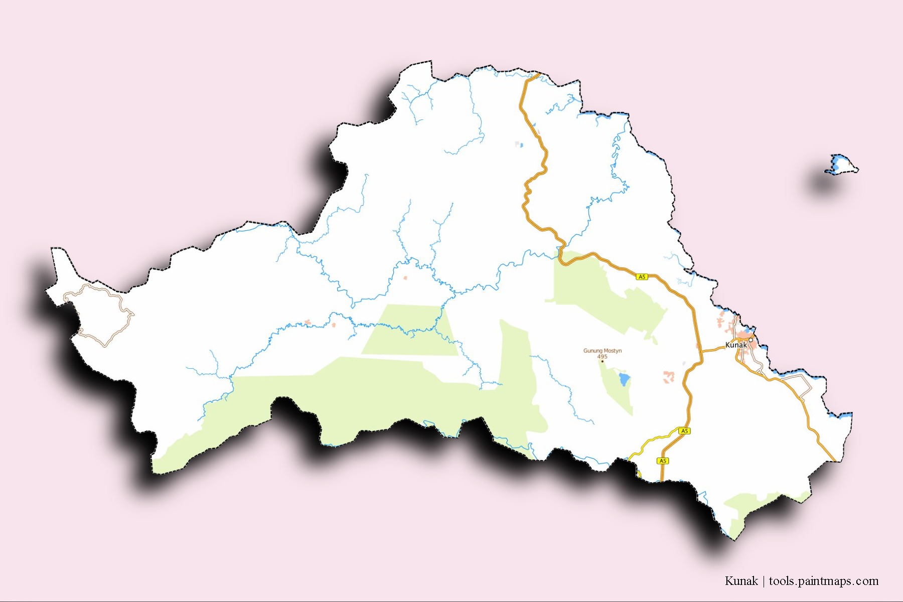 Mapa de barrios y pueblos de Kunak con efecto de sombra 3D