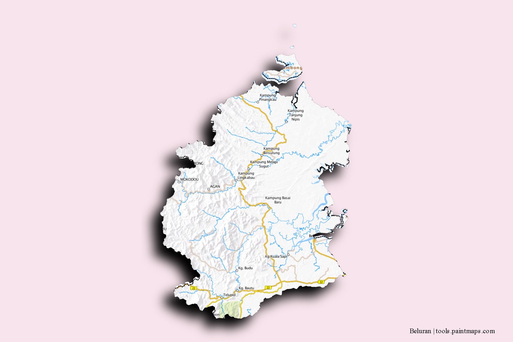 Beluran neighborhoods and villages map with 3D shadow effect